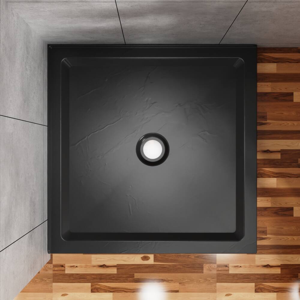 Back. JUJABU - 36"x36" Shower Pan 3.3" Height Double Threshold Shower Base in Slate Black, Anti-slip Acrylic - Black.