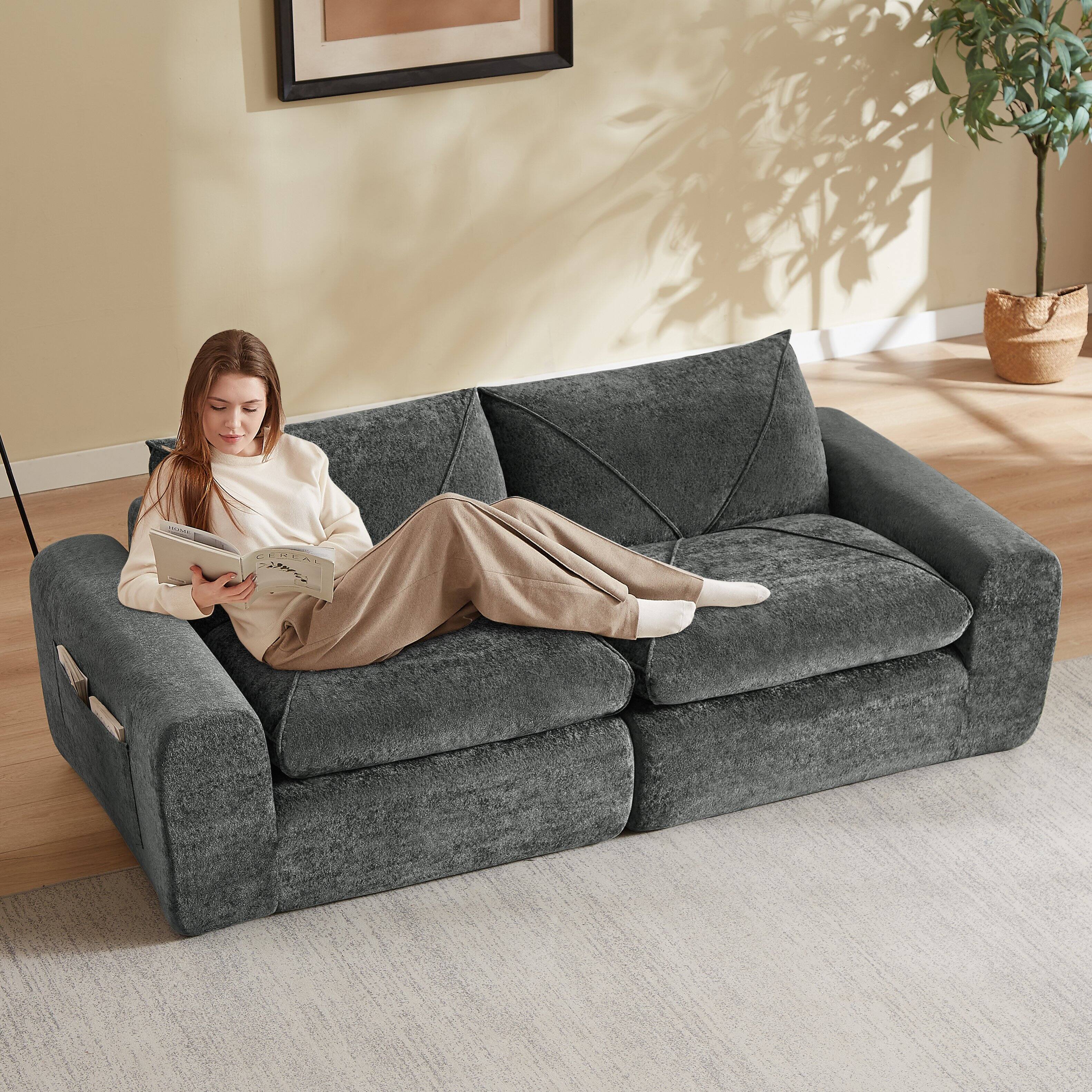 Back. Loheer - Loheer 85.83 Inch Chenille Sectional Sofa with Ottoman Modern Minimalist Apartment Size Couch for Living Room - Dark Gray.