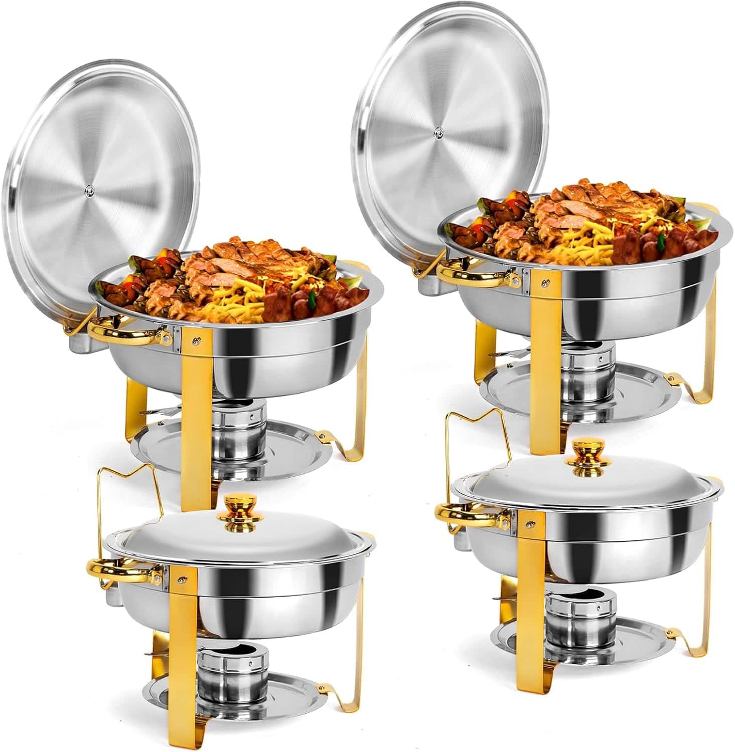 Winado - 4 Pack 5QT Chafing Dishes Buffet Round Stainless Steel Chafing Dish Set with Fuel Holder for Buffets, Hotel Breakfast - Gold & Silver