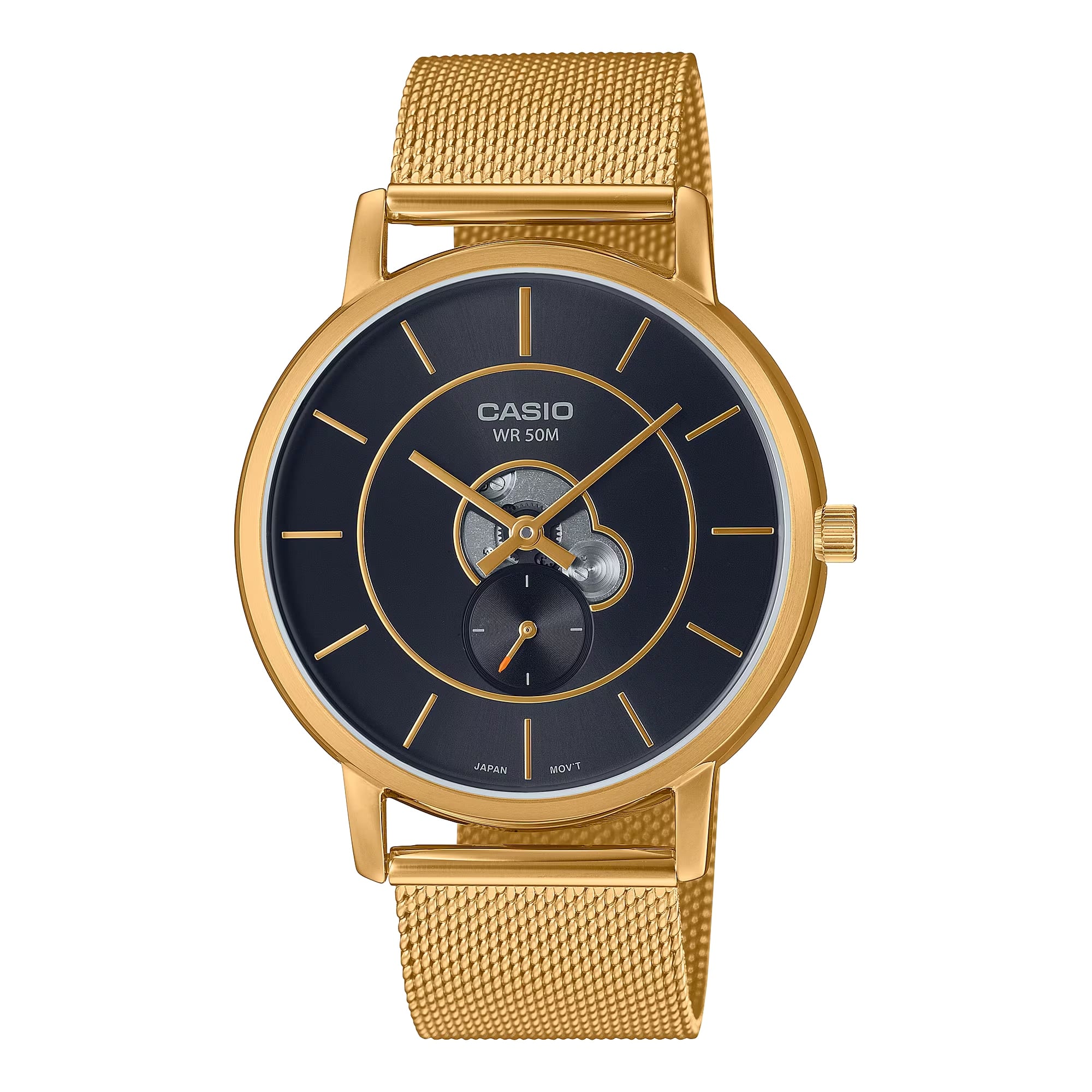 Casio - Men’s Mesh Bracelet Watch with Black Dial - MTP-B130MG-1AVDF - Gold