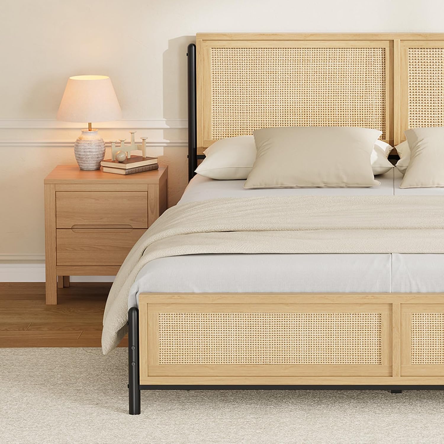 Alt View 3. GARVEE - Full Size Bed Frame with Rattan Headboard and Footboard, Boho Wooden Platform, Easy Assembly, Natural - Natural.