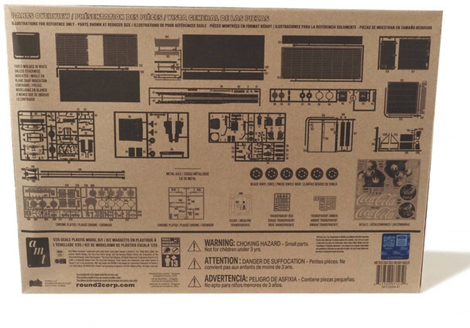 PARTS OVERVIEW / PRÉSENTATION DES PIÈCES / VISTA GENERAL DE LAS PIEZAS  
ILLUSTRATIONS FOR REFERENCE ONLY - PARTS SHOWN AT REDUCED SIZE / ILLUSTRATIONS POUR RÉFÉRENCE SEULE - PIECES MONTREES EN FORMAT RÉDUIT / ILUSTRACIONES PARA LA REFERENCIA SOLAMENTE - PIEZAS SE MUESTRAN EN TAMAÑO REDUCIDO  

Coca-Cola  
Coca-Cola  
BOES  
SCALE PLASTIC MODEL KIT / KIT MAQUETTE EN PLASTIQUE À L'ÉCHELLE DE 1/25  
PLASTIC MODEL KIT / KIT DE MODELO DE PLÁSTICO A ESCALA 1/25  

round2corp.com  

WARNING: CHOKING HAZARD - Small parts. Not for children under 3 yrs.  
ATTENTION: DANGER DE SUFFOCATION - Petites pièces. Ne convient pas aux enfants de moins de 3 ans.  
ADVERTENCIA: PELIGRO DE ASFIXIA - Contiene piezas pequeñas. No apto para niños menores de 