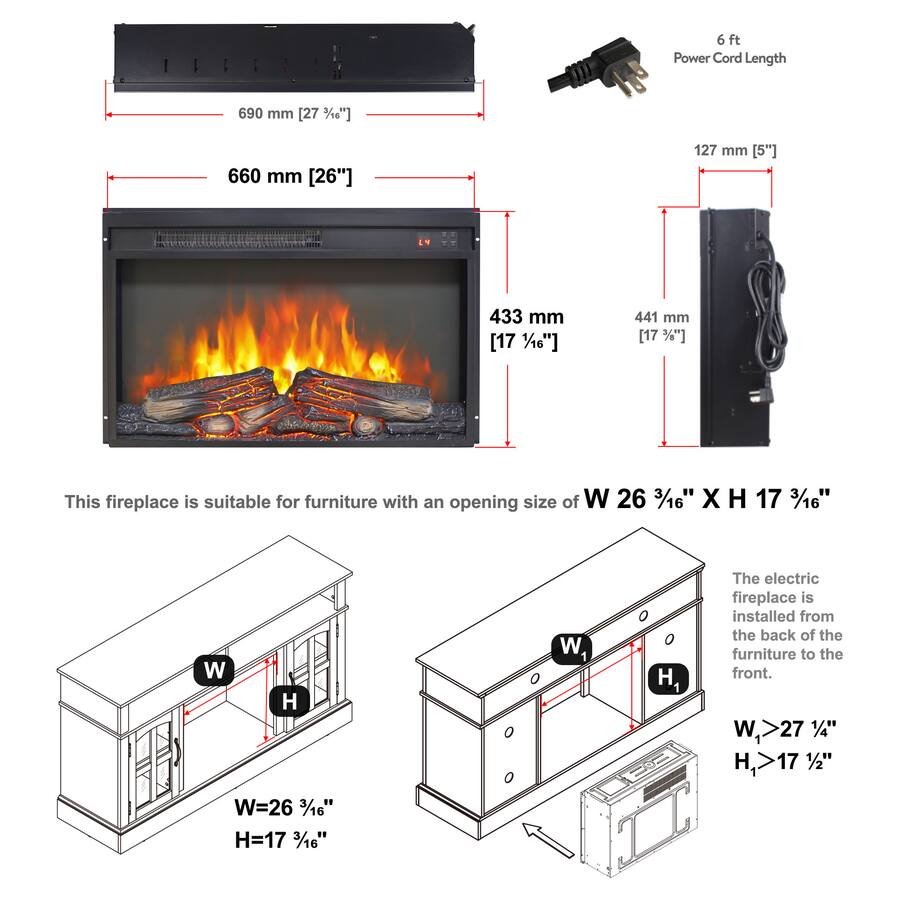 Service Value Display Boyel Living 26 in Electric Fireplace Insert 1400W 5000 BTU with Log ...