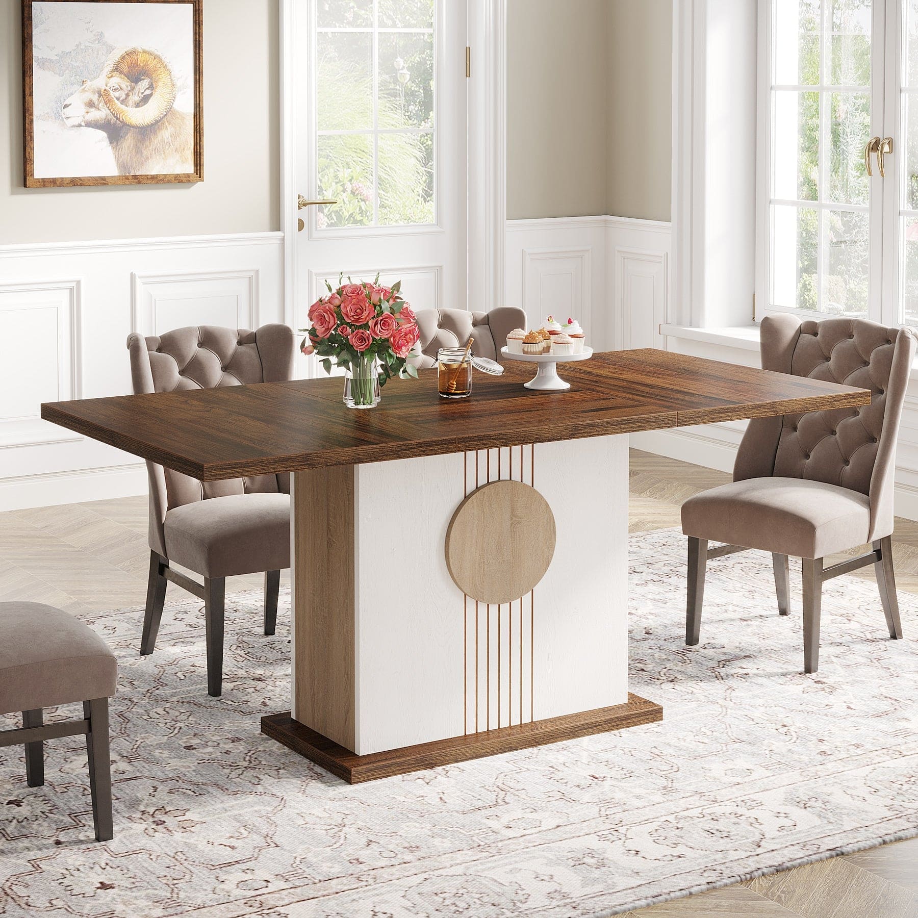 Tribesigns - Farmhouse Dining Table with Engineered Wood Construction and Easy-Clean Surface for Dining Room - Brown