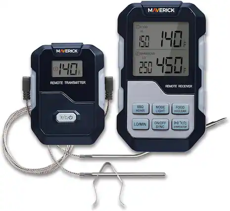 MAVERICK MAVERICK 1 140 REMOTE TRANSMITTER 1 FOOD HI 150 140 2 BARBECUE LO 250 450 F REMOTE RECEIVER F/C/O BBQ HI/HR LO/MIN MODE LIGHT ON/OFF SYNC FOOD HI/CLEAR ((e)) F/C START/STOP
