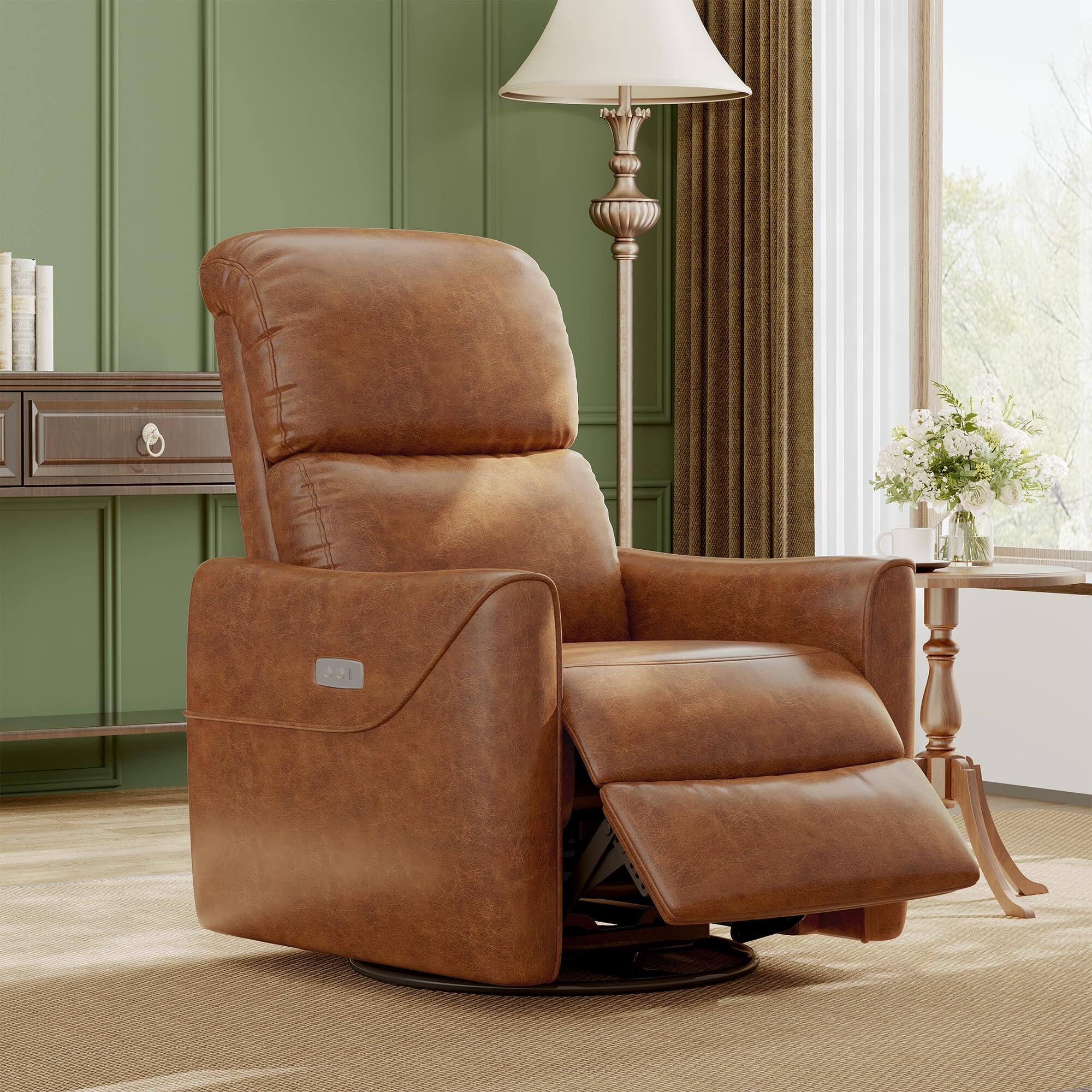 Front. Babevy - Power Recliner Chair Swivel Nursery Recliner Chair with Charging Port, Adjustable Footrest, Faux Leather - Brown.