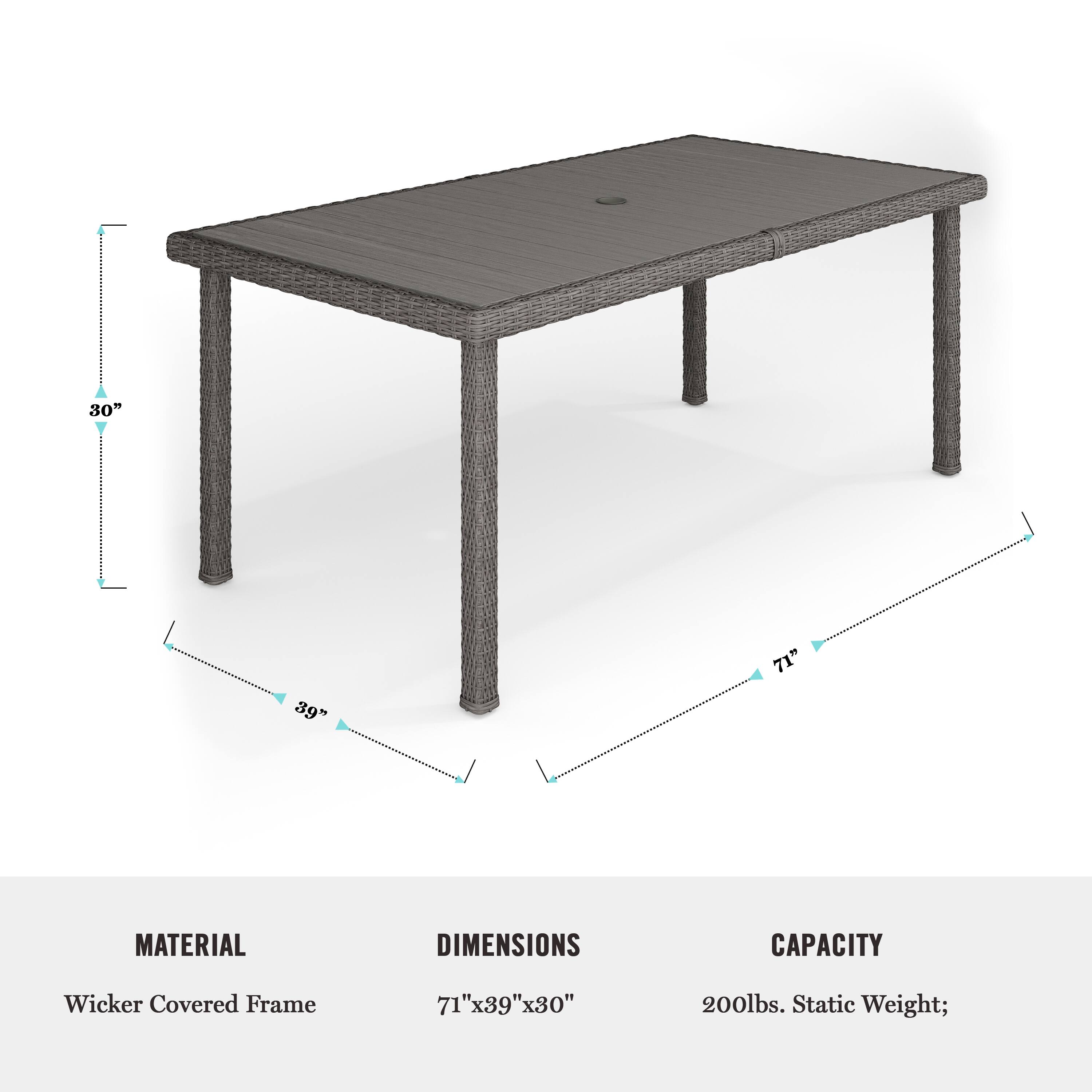 The image shows a table with a wicker-covered frame, which is 71 inches high, 39 inches wide, and 30 inches deep. The table has a capacity of 200 pounds, as it is designed to hold a static weight of that amount. The table is made of material that has dimensions of 71 inches by 39 inches by 30 inches.