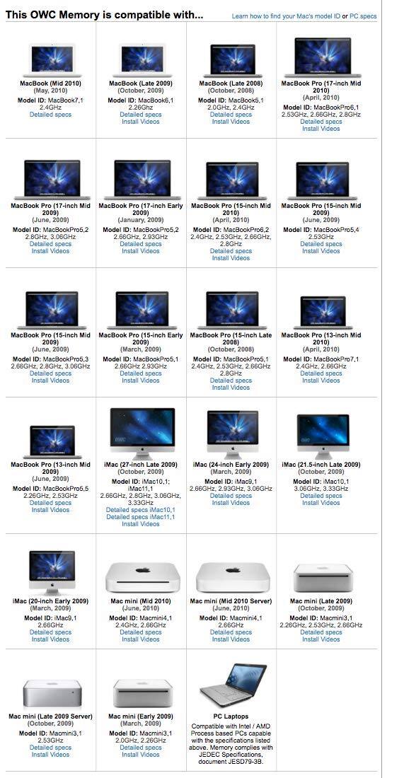 This OWC Memory is compatible with...

**MacBook (Mid 2010)**
- Model ID: MacBook7,1
- Detailed specs
- Install Videos

**MacBook (Late 2009)**
- Model ID: MacBook6,1
- Detailed specs
- Install Videos

**MacBook (Late 2008)**
- Model ID: MacBook6,1
- Detailed specs
- Install Videos

**MacBook Pro (17-inch Mid 2009)**
- Model ID: MacBookPro6,1
- Detailed specs
- Install Videos

**MacBook Pro (17-inch Early 2009)**
- Model ID: MacBookPro6,2
- Detailed specs
- Install Videos

**MacBook Pro (15-inch Mid 2009)**
- Model ID: MacBookPro6,2
- Detailed specs
- Install Videos

**MacBook Pro (15-inch Mid 2009)**
- Model ID: MacBookPro6,4
- Detailed specs
- Install Videos

**MacBook Pro (15-inch Mid 2009)**
- Model ID: MacBookPro5,3