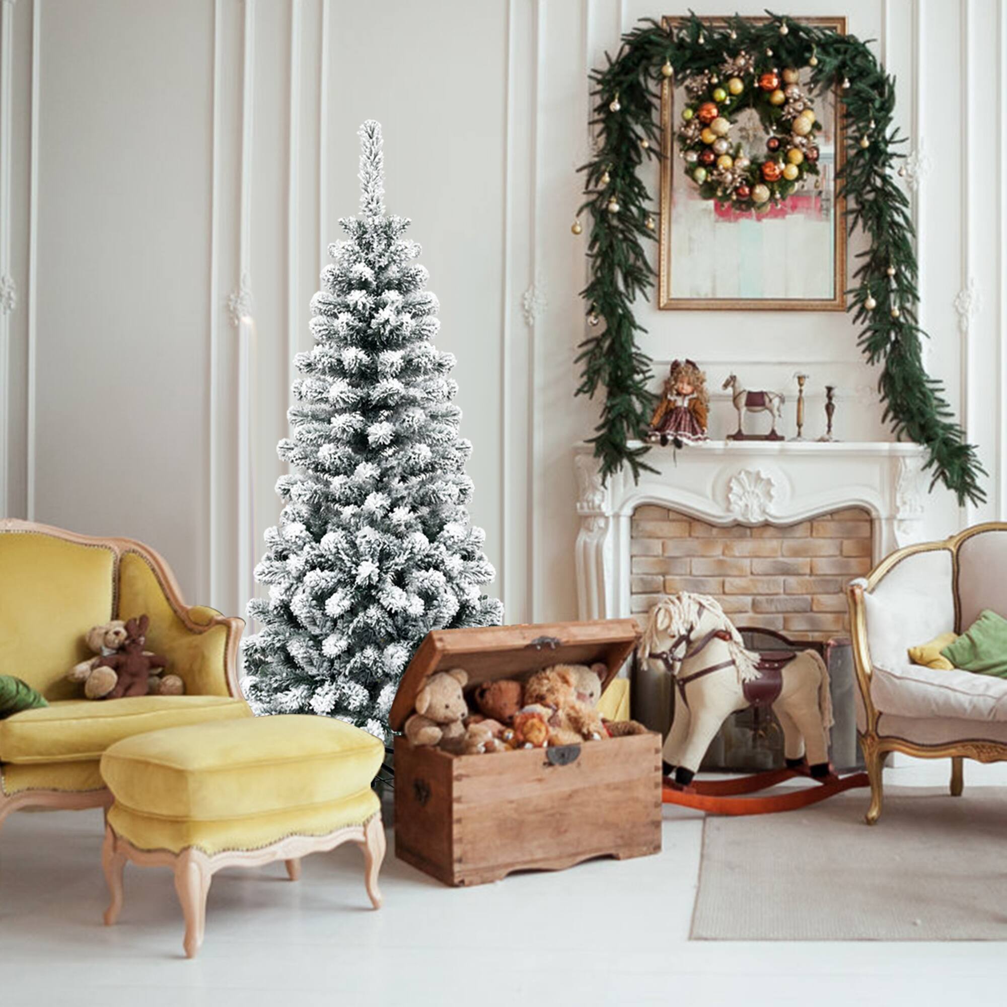 Alt View 2. Gymax - Gymax 4.5ft Snow Flocked Pencil Christmas Tree Artificial Pine Tree w/ Metal Stand - Green + White.