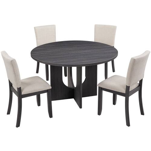 Alt View 5. LUCKY ONE - 5-Piece Dining Set with 47.3" Round Dining Table and 4 Upholstered Chairs - Antique Black,Beige.