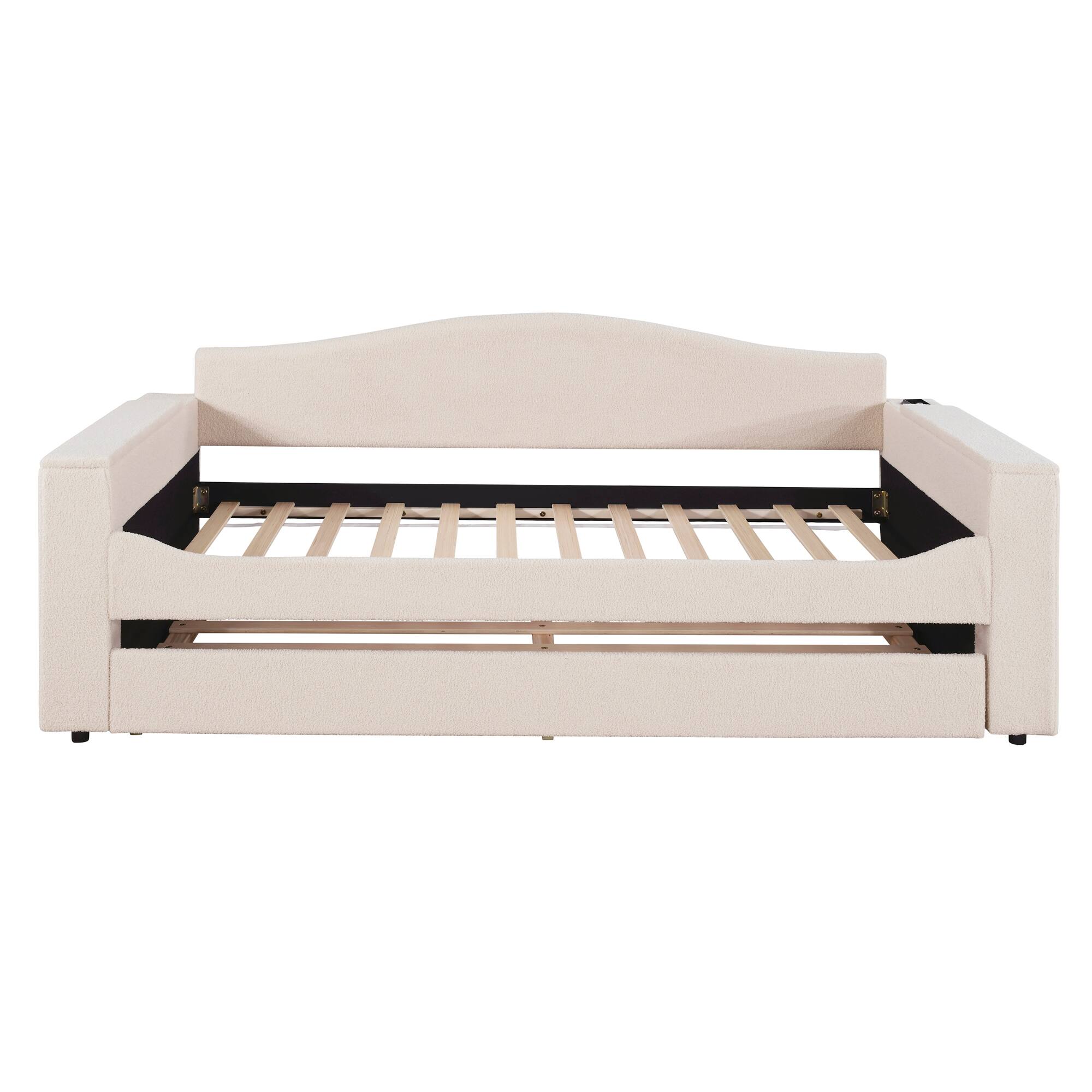 Alt View 1. Tiramisubest - Twin Size Upholstered Daybed with Storage Armrests, Trundle and Latest Integrated Bluetooth Audio System, Teddy Fleece - Beige.