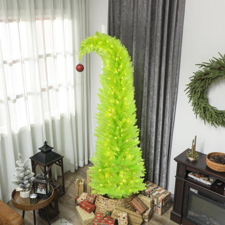 Alt View 2. PULUZ - 7 ft Whimsical Christmas Tree, Pencil Xmas Tree with Red Ball, Metal Base, Prelit with 250 LED Lights - Green.