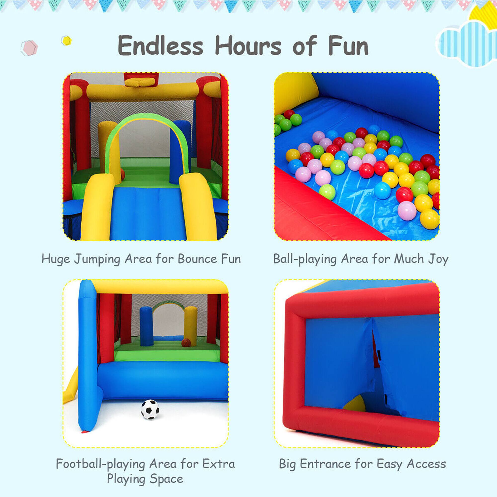 Endless Hours of Fun

- Huge Jumping Area for Bounce Fun
- Ball-playing Area for Much Joy
- Football-playing Area for Extra Playing Space
- Big Entrance for Easy Access