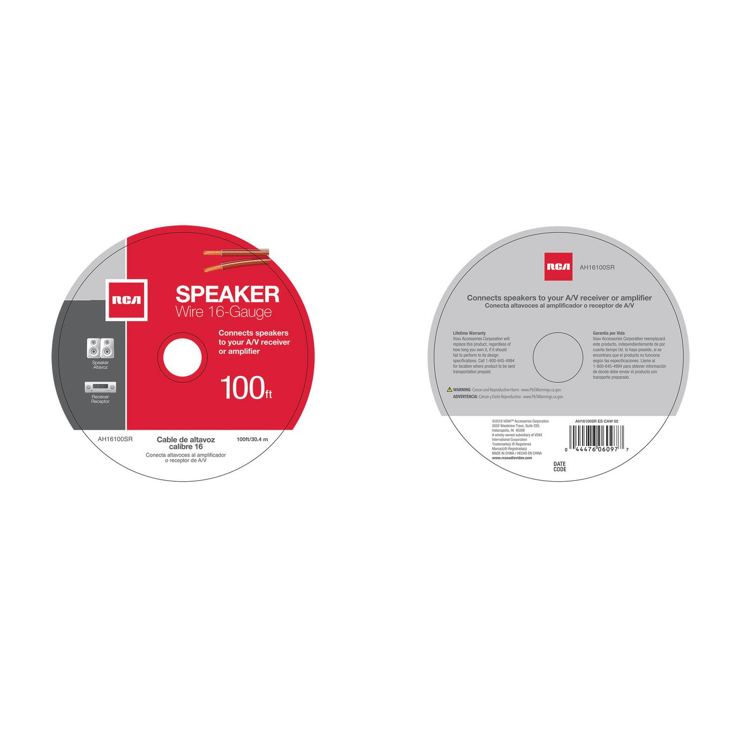RCA Speaker Wire 16-Gauge  
Connects speakers to your A/V receiver or amplifier  

100 ft  

Cable de altavoz 100 ft / 30.48 m  
Conecta altavoces al amplificador o receptor de A/V  

AH16100SR  

Limited Warranty  
Vox Audio Corporation will repair or replace, free of charge, any product that is found to be defective in material or workmanship within one year from the date of purchase.  

Garantía Limitada  
Vox Audio Corporation garantizará, sin cargo, cualquier producto que se encuentre defectuoso en materiales o mano de obra dentro de un año desde la fecha de compra.  

WARNING: Cancer and Reproduction hazards. For more information, go to www.P65Warnings.ca.gov  

ADVERTENCIA: Cáncer y daño reproductivo. Para más información, visite www.P65Warnings.ca.gov  

DATE CODE  
4/17/2019  

ARTICLE NO.  
AH16100SR