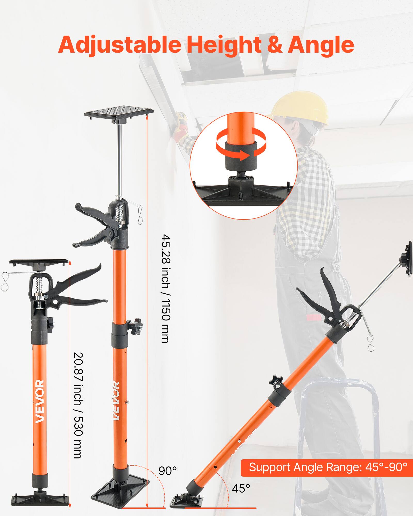 Adjustable Height & Angle

VEVOR

20.87 inch / 530 mm

45.28 inch / 1150 mm

Support Angle Range: 45°-90°