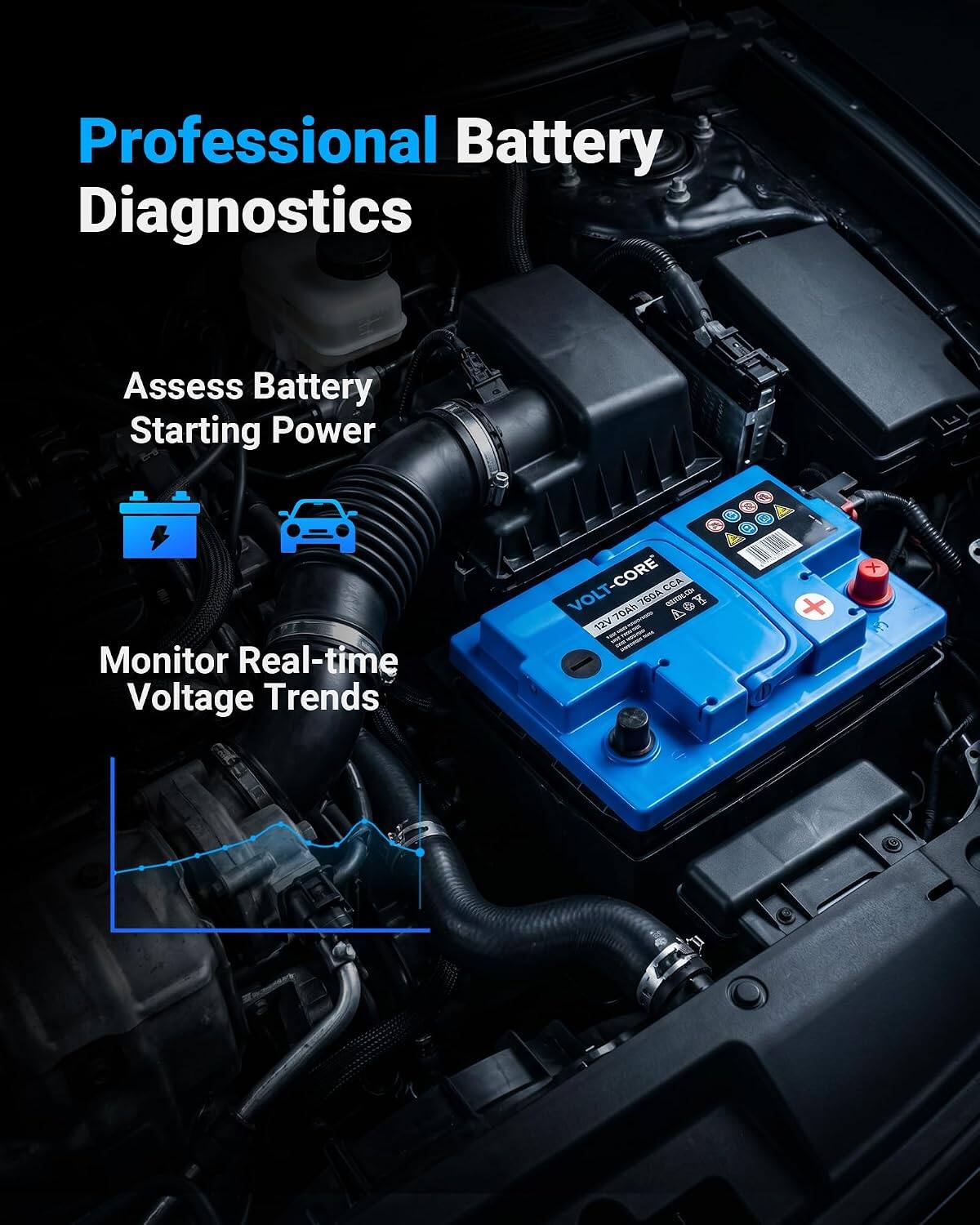 Professional Battery Diagnostics  
Assess Battery Starting Power  
Monitor Real-time Voltage Trends  
VOLT-CORE  
CCA 704h750A  
1604 - AOT E  
70Ah  
12V