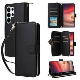 Dteck - Crossbody Wallet Case for Samsung Galaxy S26 Ultra, Shockproof Zipper Pocket PU Leather Folio Cover with 9 Card Slots - Black