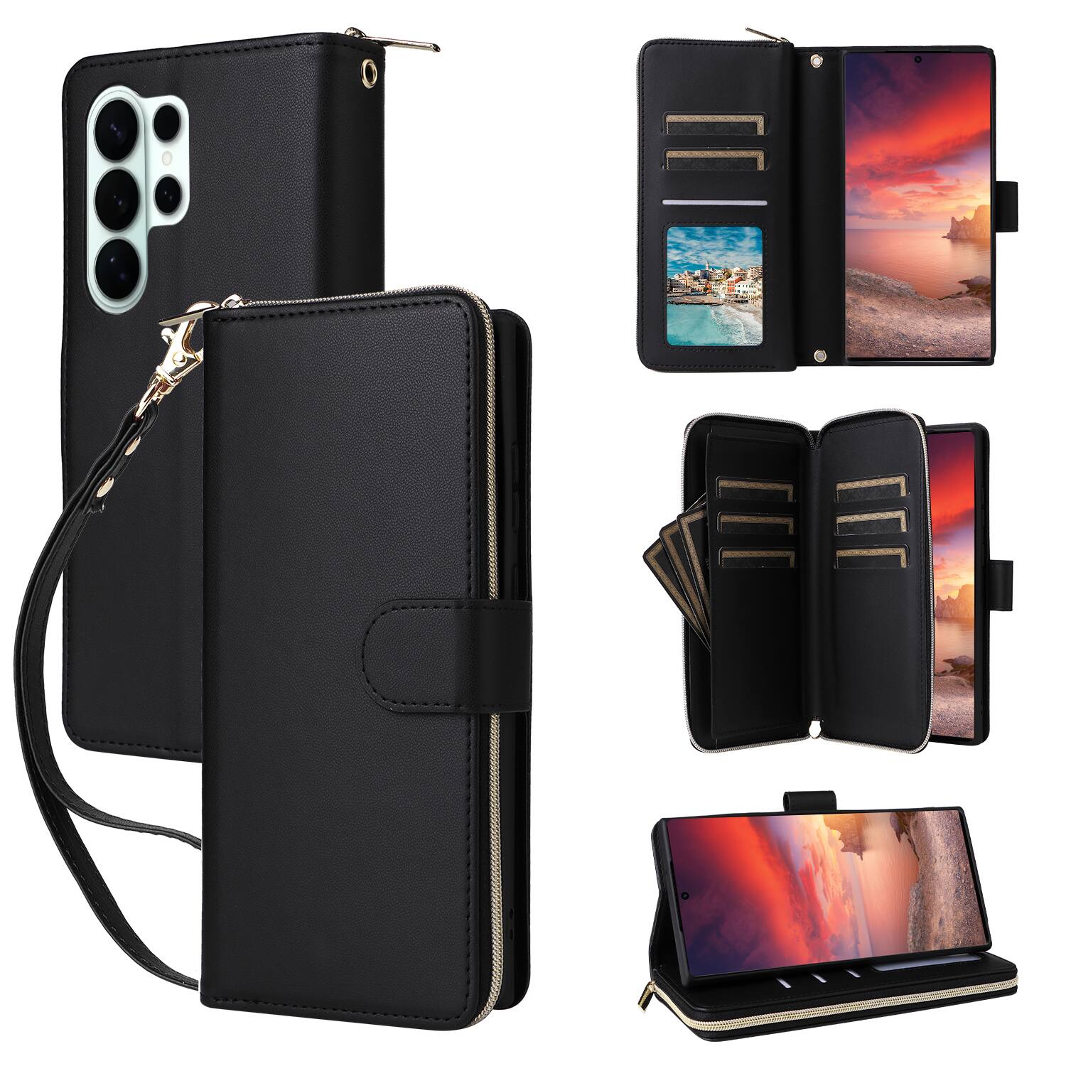 Front. Dteck - Crossbody Wallet Case for Samsung Galaxy S26 Ultra, Shockproof Zipper Pocket PU Leather Folio Cover with 9 Card Slots - Black.