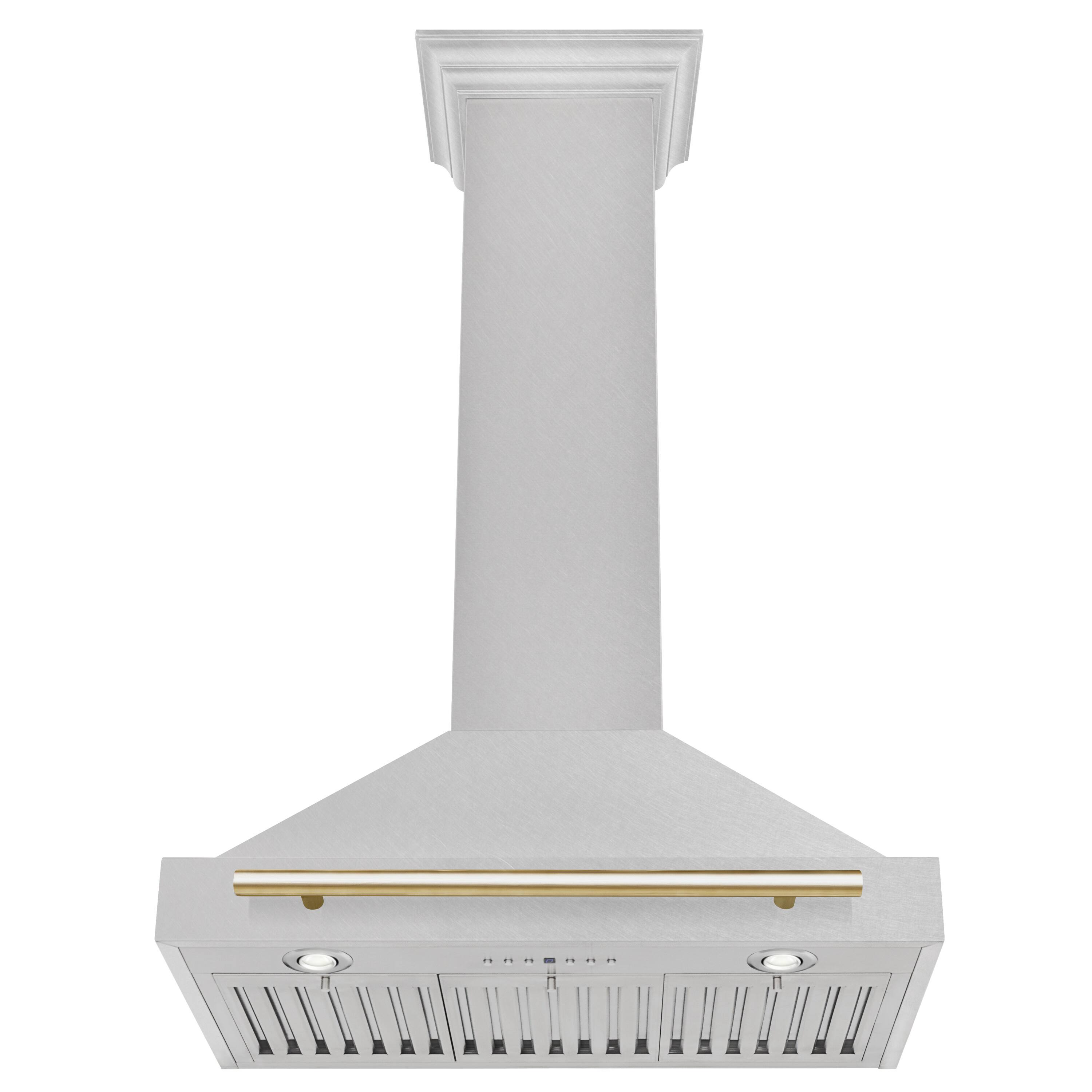 Angle. ZLINE - ZLINE Autograph Edition 30 in. Convertible Satin Stainless Steel Wall Mount Range Hood with Polished Gold Handle - Stainless steel.