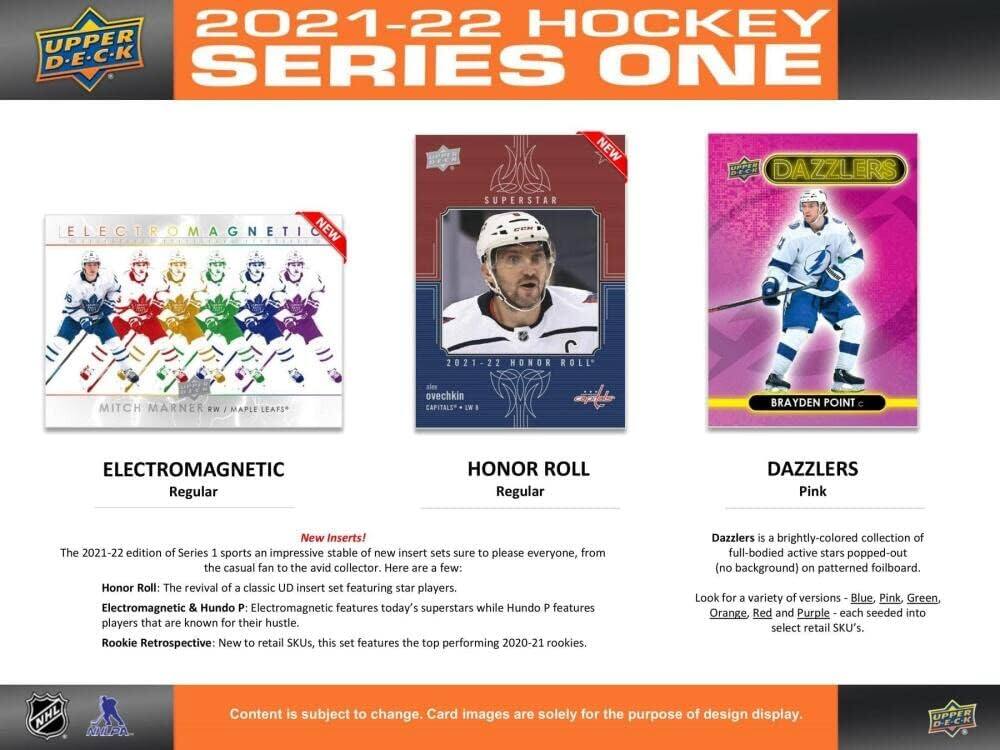 2021-22 HOCKEY UPPER D.E.C.K SERIES ONE NEW BOGE DAZZLERS ELECTROMAGNETI NEW SUPERSTAR 2021 22 HONOR ROLL MITCH MARNER W 1 MAPLE LEAFS alen ovechkin EAPITALIY . BRAYDEN POINT ELECTROMAGNETIC Regular HONOR ROLL Regular DAZZLERS Pink New Inserts! The 2021-22 edition of Series 1 sports an impressive stable of new insert sets sure to please everyone, from the casual fan to the avid collector. Here are a few: Honor Roll: The revival of a classic UD insert set featuring star players. Electromagnetic & Hundo P: Electromagnetic features today's superstars while Hundo P features players that are known for their hustle. Rookie Retrospective: New to retail SKUs, this set features the top performing 2020-21 rookies. Dazzlers is a brightly-colored collection of full-bodied active stars popped-out (no background) on patterned foilboard. Look for a variety of versions Blue, Pink, Green, Orange, Red and Purple each seeded into select retail