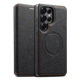 Dteck - Ultra-Thin Faux Leather Card Slot Case for Samsung Galaxy S25 Ultra,Wireless Charging,Flip Card Pocket Phone Cover - Black