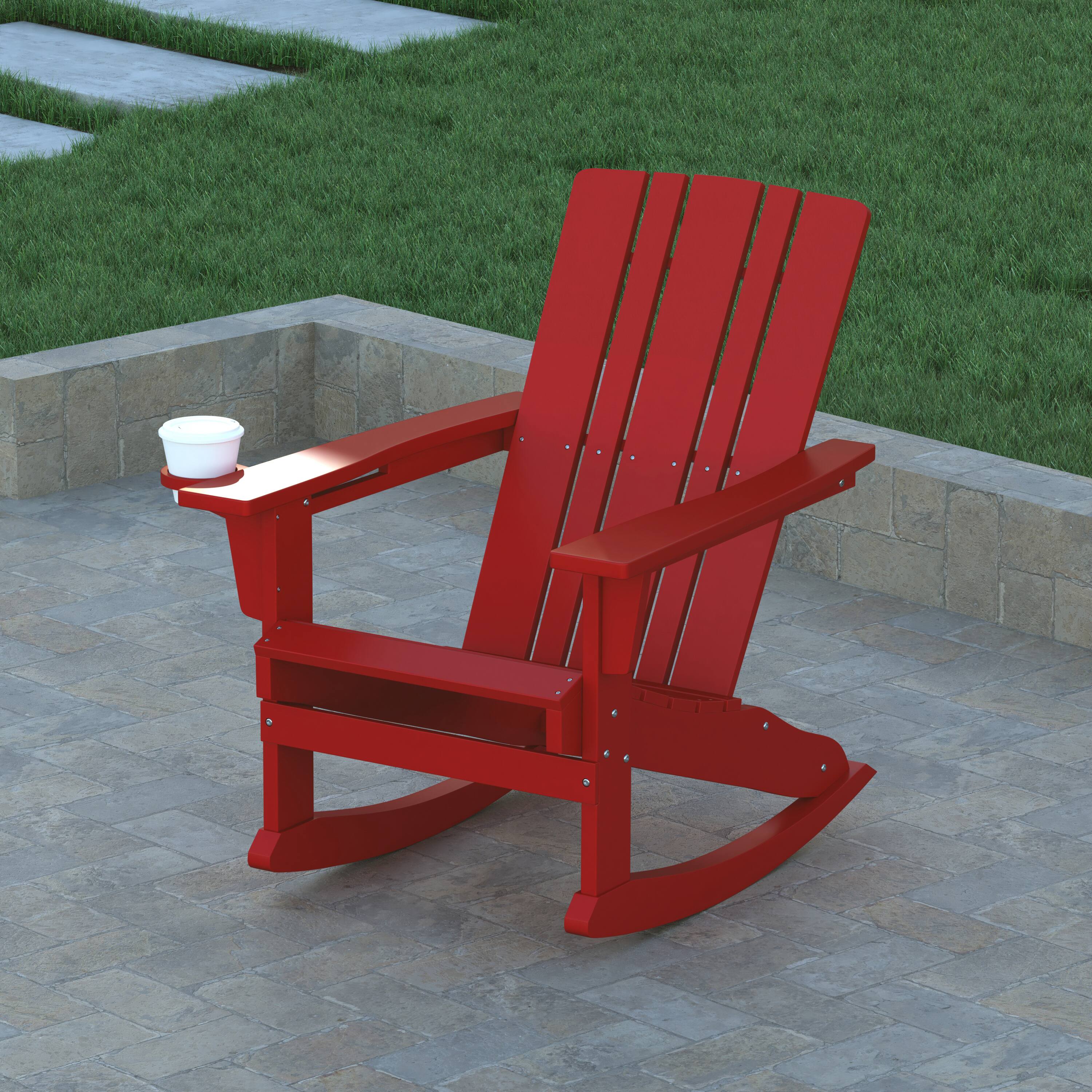 Alt View 3. Emma + Oliver - Haley Adirondack Rocking Chair with Cup Holder, Weather Resistant HDPE Adirondack Rocking Chair - Red.