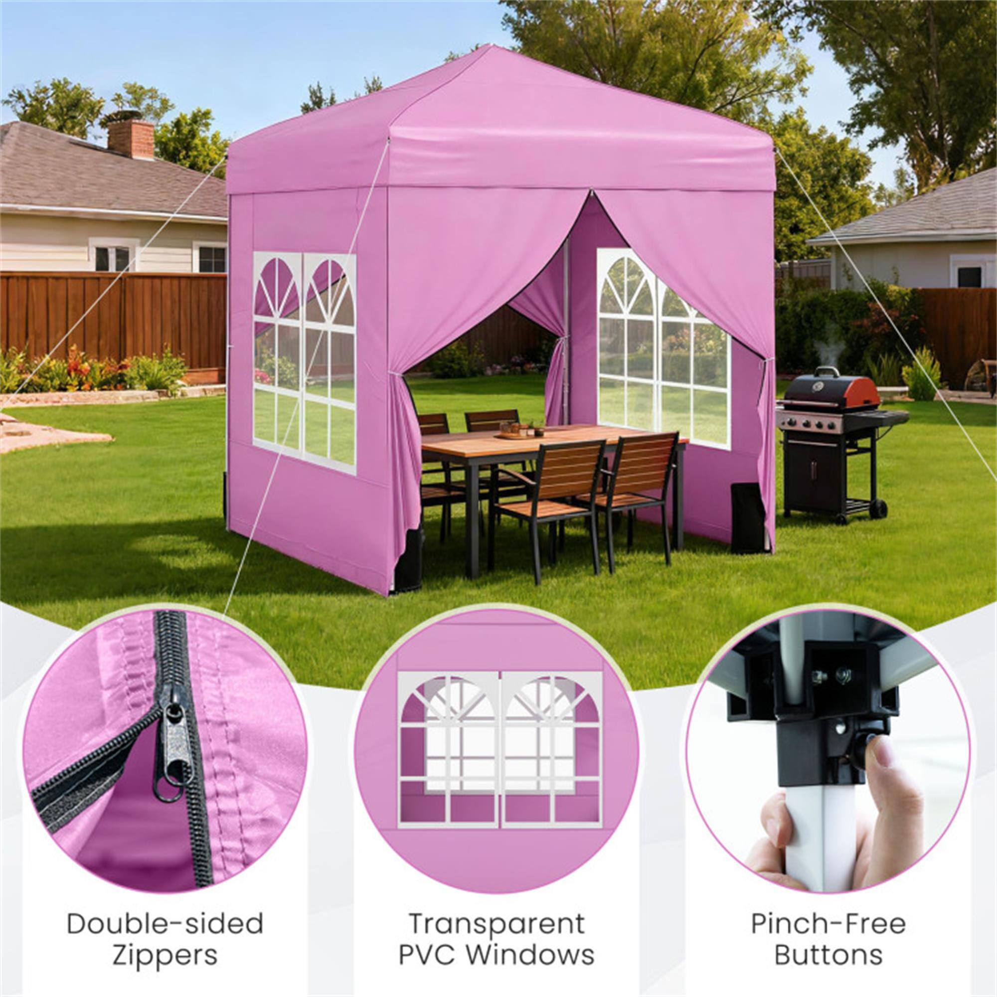 Double-sided Zippers  
Transparent PVC Windows  
Pinch-Free Buttons