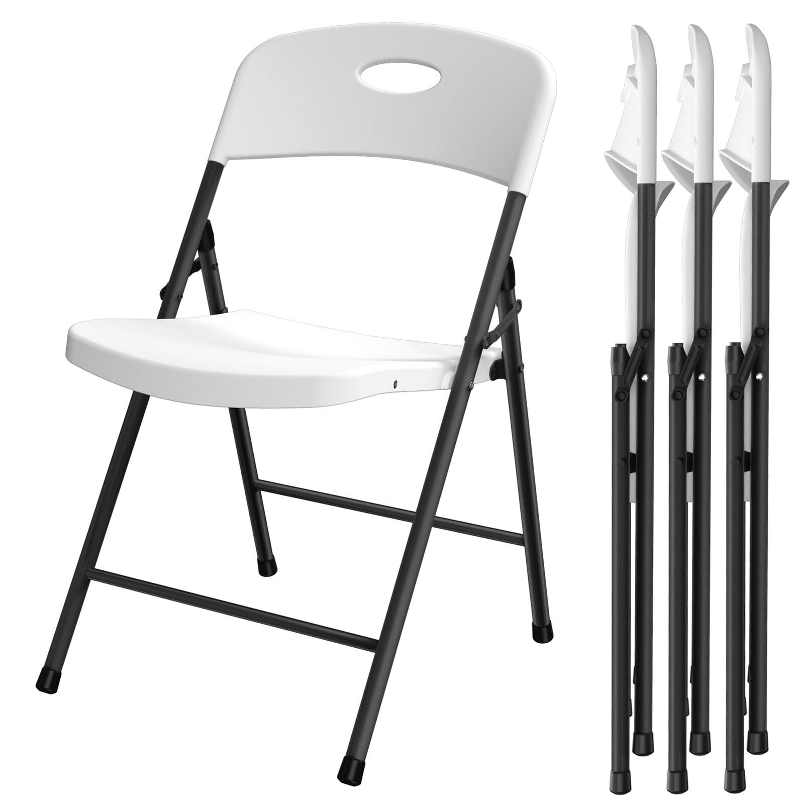 Decksplore - Portable Folding Chair 4-Piece Set Outdoor Plastic Sturdy Metal Folding Chair Heavy-Duty Folding Commercial Seating - White