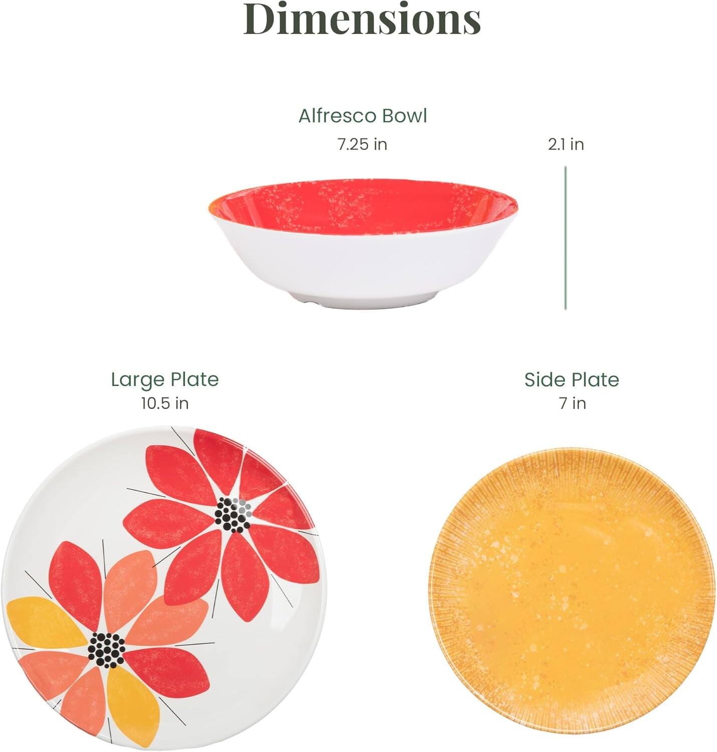 Dimensions  
Alfresco Bowl  
7.25 in  
2.1 in  
Large Plate  
10.5 in  
Side Plate  
7 in