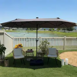 PURPLE LEAF - 13 ft. Patio Market Umbrella with Solar LED and Base Double-Sided Outdoor Table Sun Umbrellas for Pool Deck Backyard - Gray