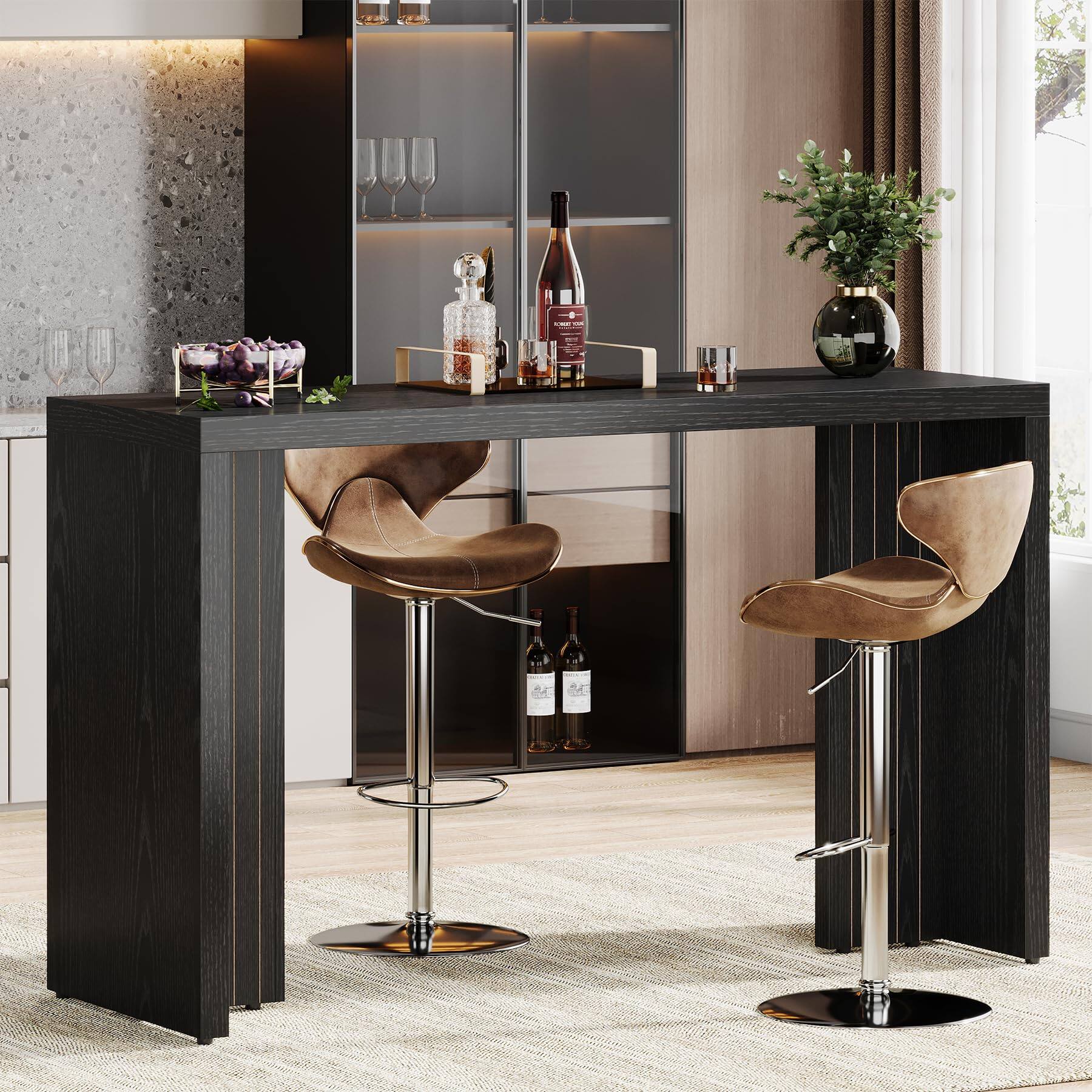 Front. Tribesigns - 55.1-Inch Rectangular Counter-Height Bar Table with Thick MDF Top and Panel Legs for Kitchen or Home Bar - Black.