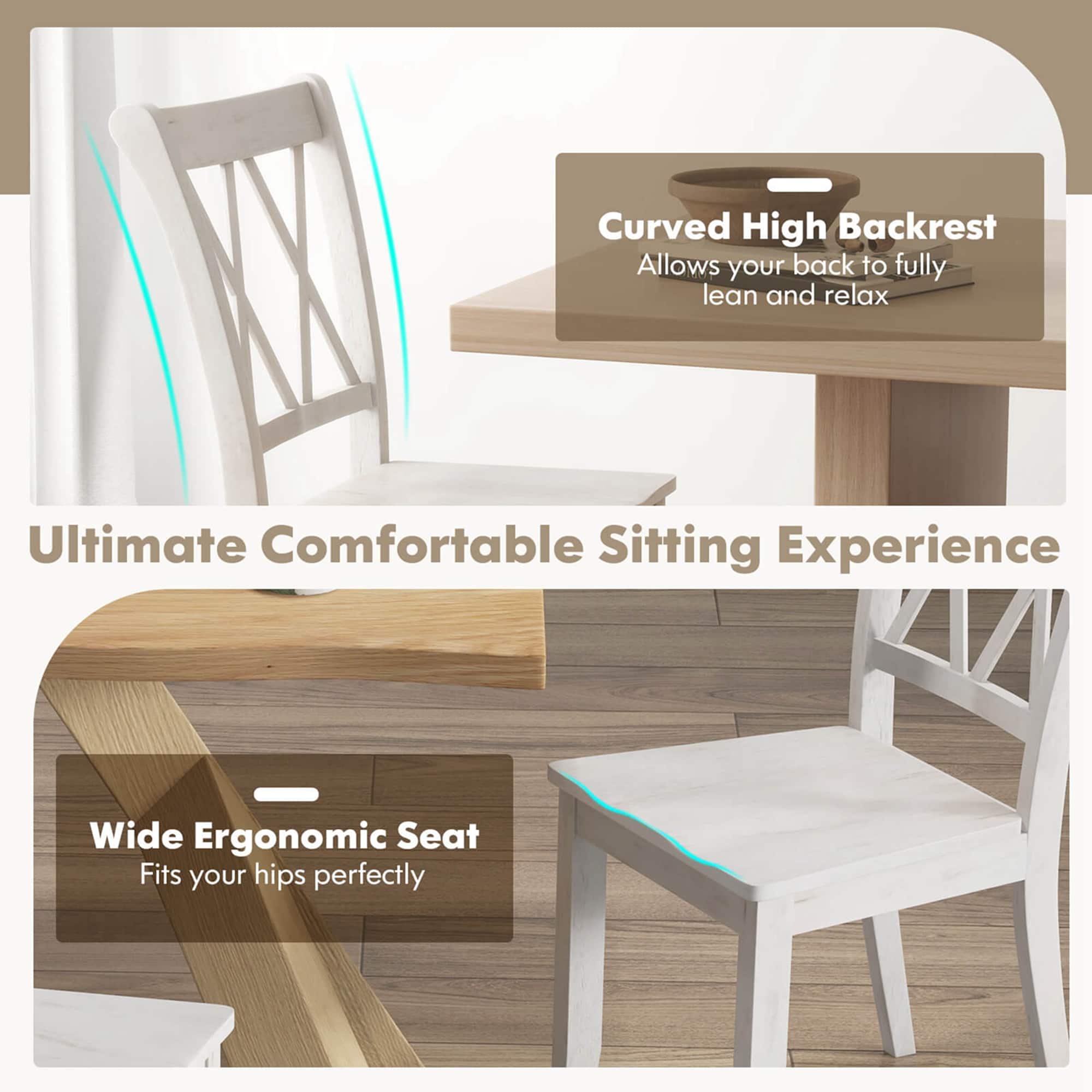 The text on the image is grouped as follows:
1. Curved High Backrest Allows your back to fully lean and relax.
2. Ultimate Comfortable Sitting Experience.
3. Wide Ergonomic Seat Fits your hips perfectly.