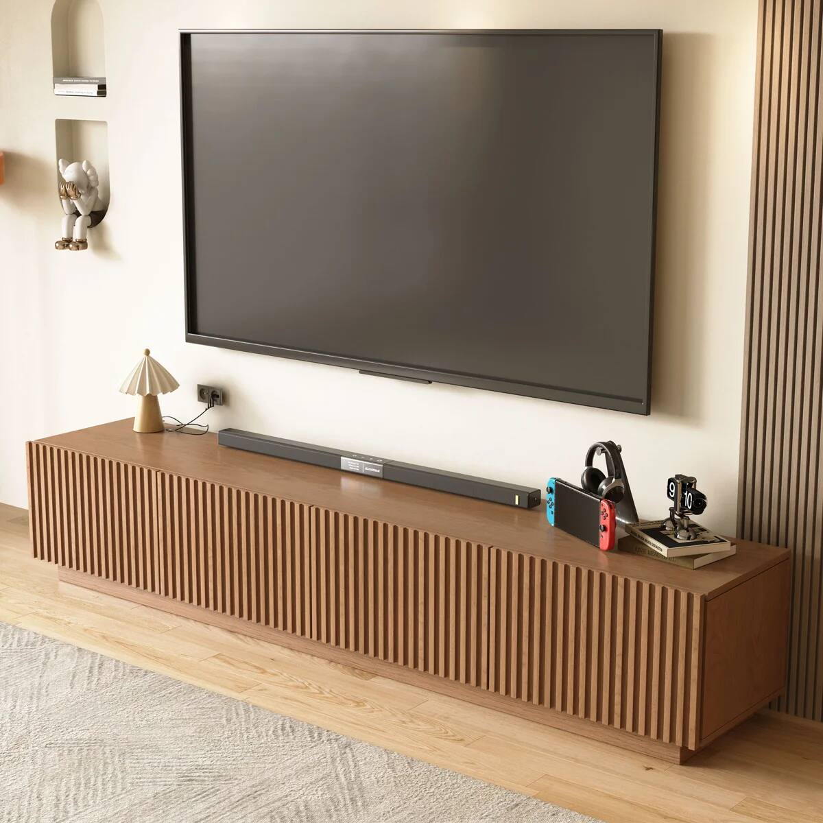 Front. luck idea - Vertical Fluted Walnut TV Stand, 4-Door Media Console with Removable Shelves & Cable Holes, for TVs up to 100 inch - Brown.