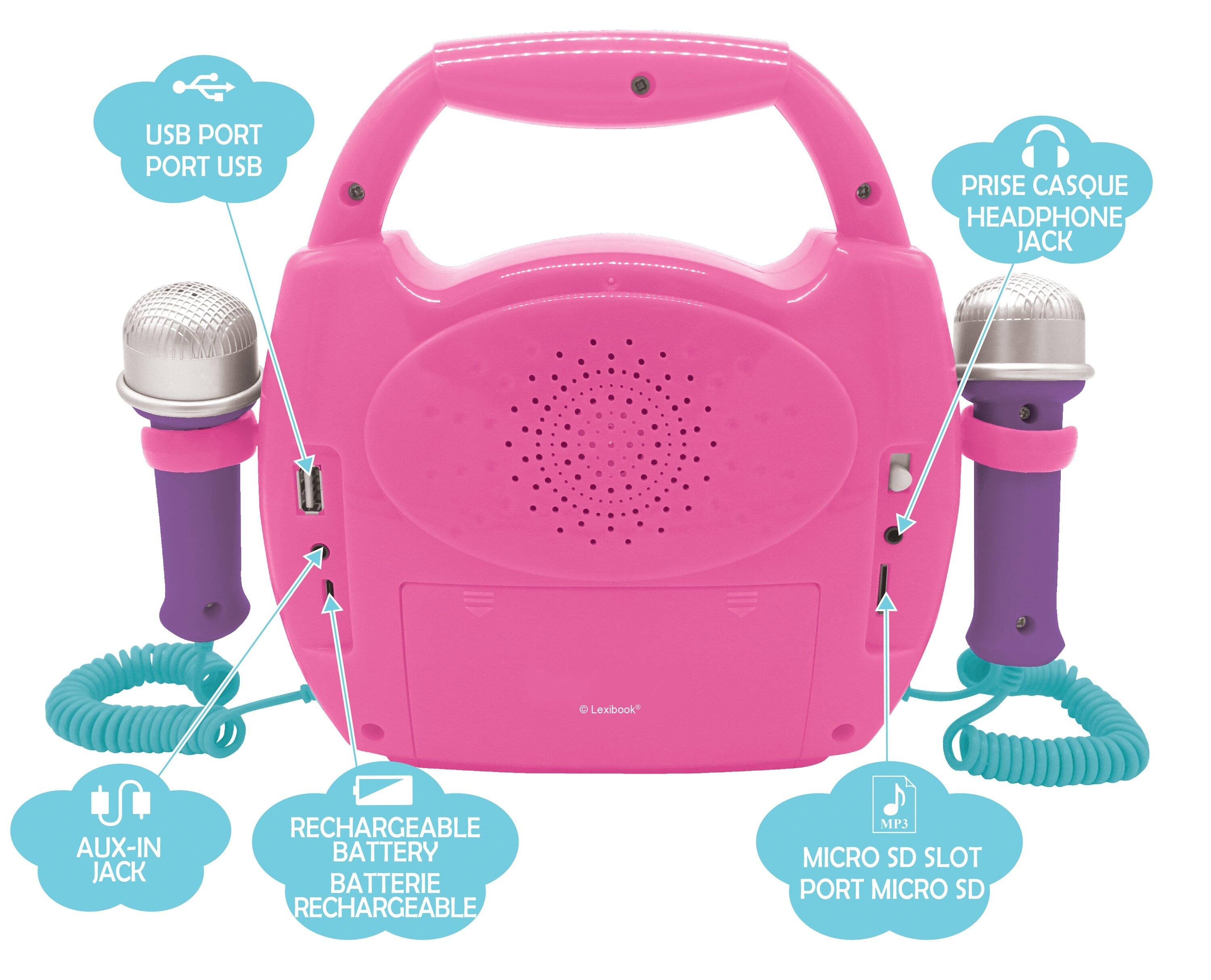 USB PORT  
PORT USB  

PRISE CASQUE  
HEADPHONE JACK  

AUX-IN JACK  

RECHARGEABLE BATTERY  
BATTERIE RECHARGEABLE  

MICRO SD SLOT  
PORT MICRO SD