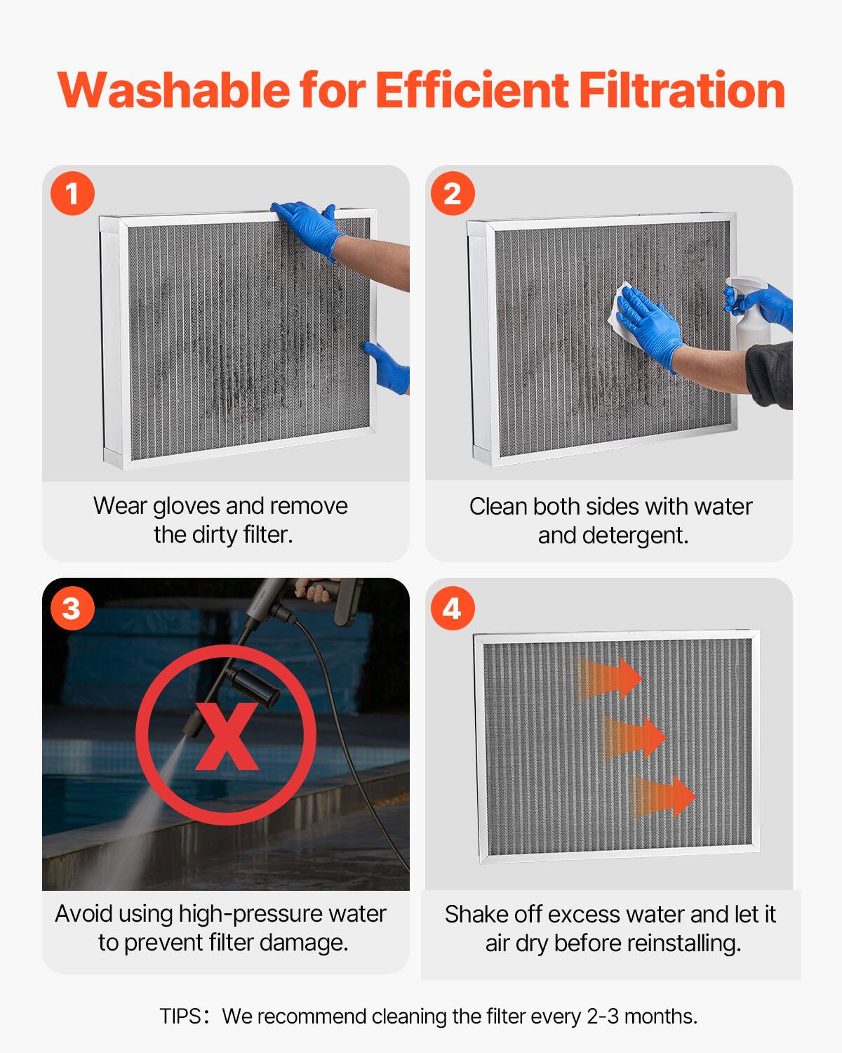 Washable for Efficient Filtration

1. Wear gloves and remove the dirty filter.

2. Clean both sides with water and detergent.

3. Avoid using high-pressure water to prevent filter damage.

4. Shake off excess water and let it air dry before reinstalling.

TIPS: We recommend cleaning the filter every 2-3 months.