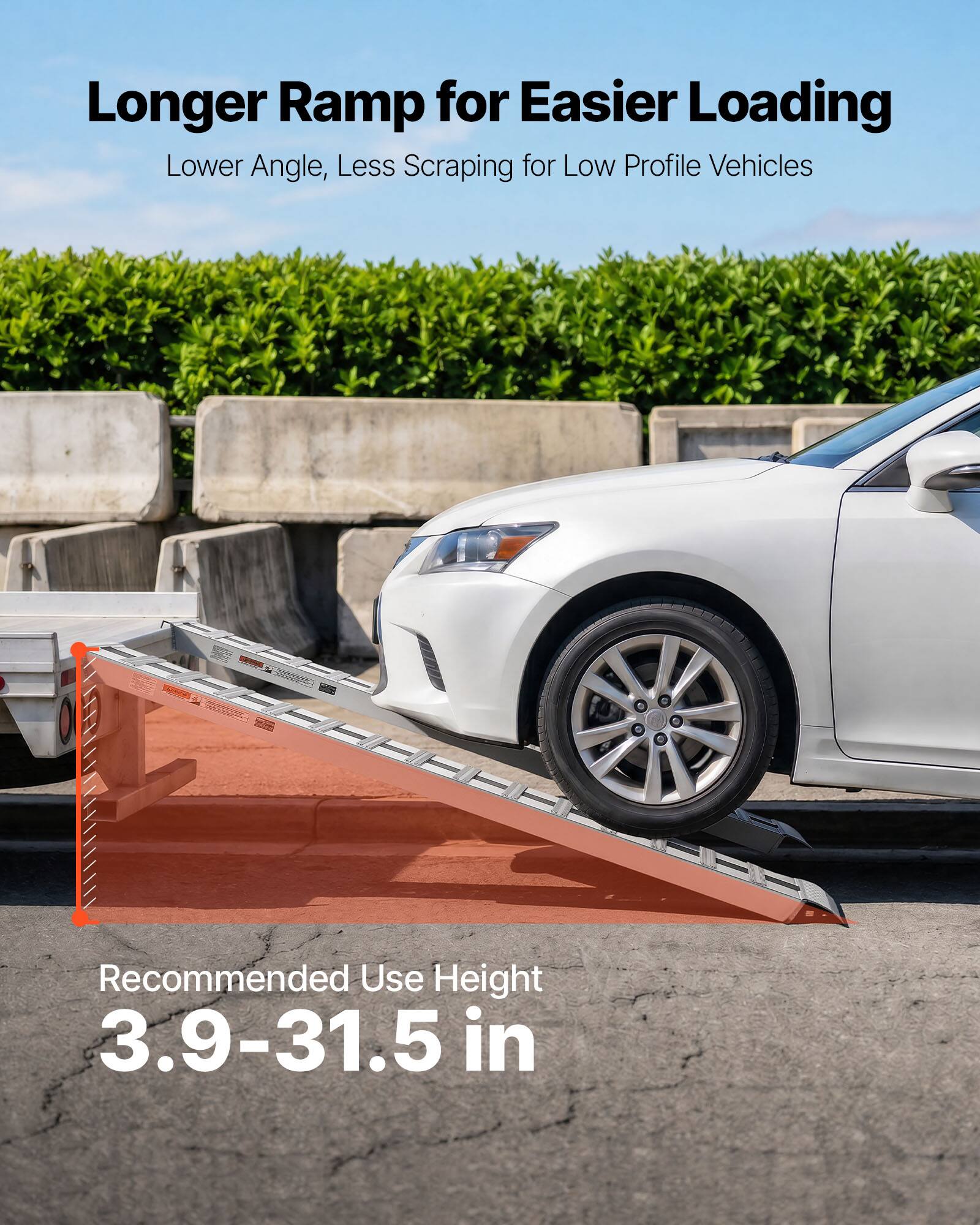 Longer Ramp for Easier Loading  
Lower Angle, Less Scraping for Low Profile Vehicles  

Recommended Use Height  
3.9-31.5 in