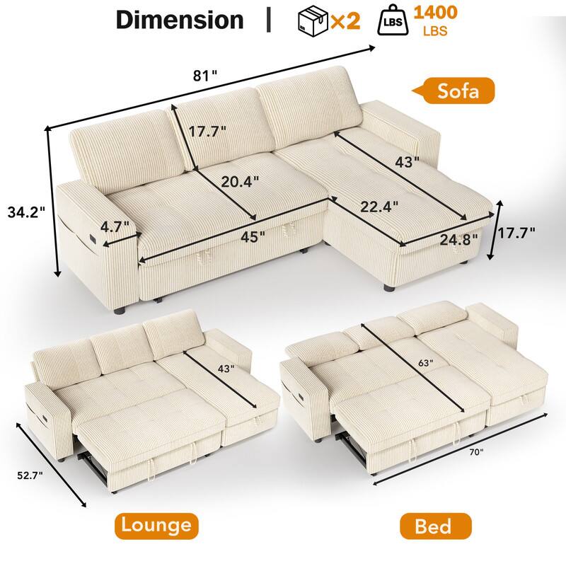 Dimension | x2 1400 LBS  
Sofa: 81" x 45" x 20.4" x 17.7" x 22.4" x 24.8" x 43" x 34.2" x 4.7"  
Lounge: 52.7" x 43"  
Bed: 70" x 63"