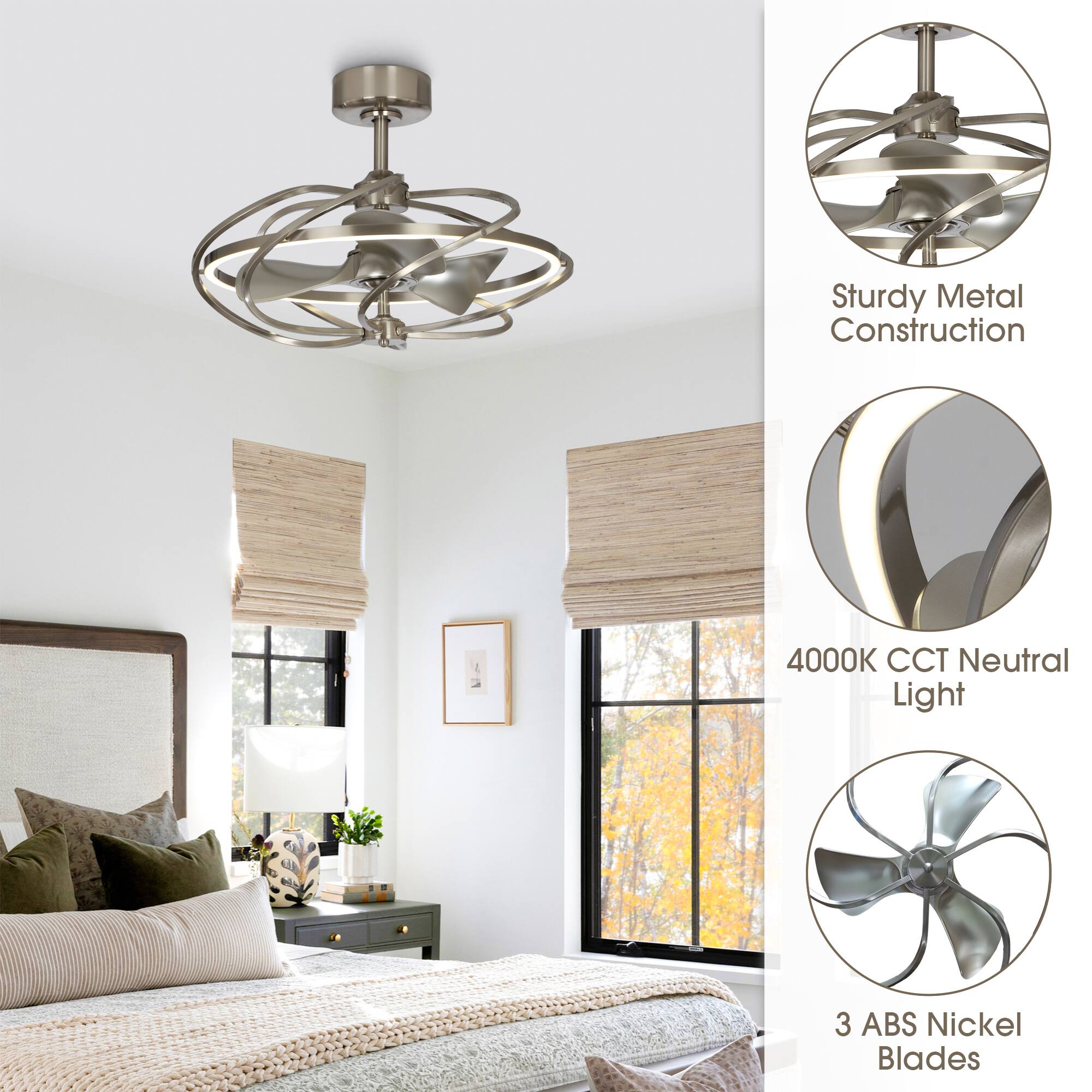 Sturdy Metal Construction  
4000K CCT Neutral Light  
3 ABS Nickel Blades