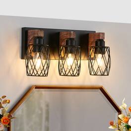 LUCKY ONE - 18in Wall Mount Sconce, 3-Light Industrial Black Cage Light with Wood Accents for Bathroom - Walnut