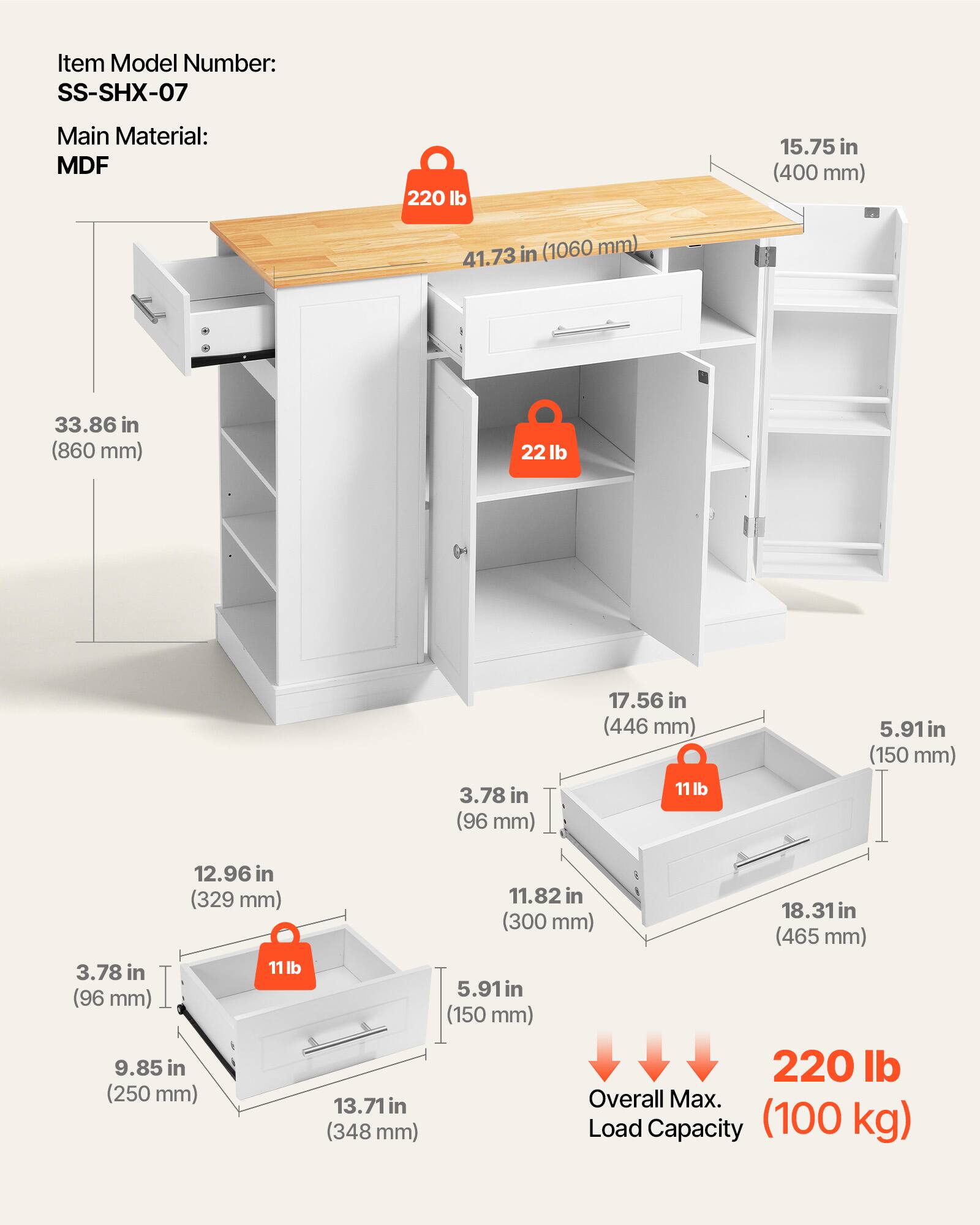 Item Model Number: SS-SHX-07  
Main Material: MDF  
220 lb  
15.75 in (400 mm)  
41.73 in (1060 mm)  
33.86 in (860 mm)  
22 lb  
3.78 in (96 mm)  
17.56 in (446 mm)  
11 lb  
5.91 in (150 mm)  
12.96 in (329 mm)  
3.78 in  
11 lb (96 mm)  
9.85 in (250 mm)  
13.71 in (348 mm)  
11.82 in  
18.31 in (465 mm)  
5.91 in (150 mm)  
220 lb  
Overall Max. Load Capacity (100 kg)