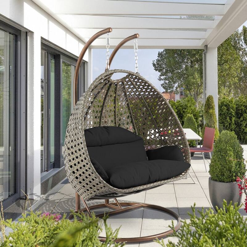 Left. LeisureMod - Leisuremod 2-Person Wicker Egg Swing Chair with Stand & Washable Cushions - Indoor/Outdoor Double Hanging Patio Chair - Black.