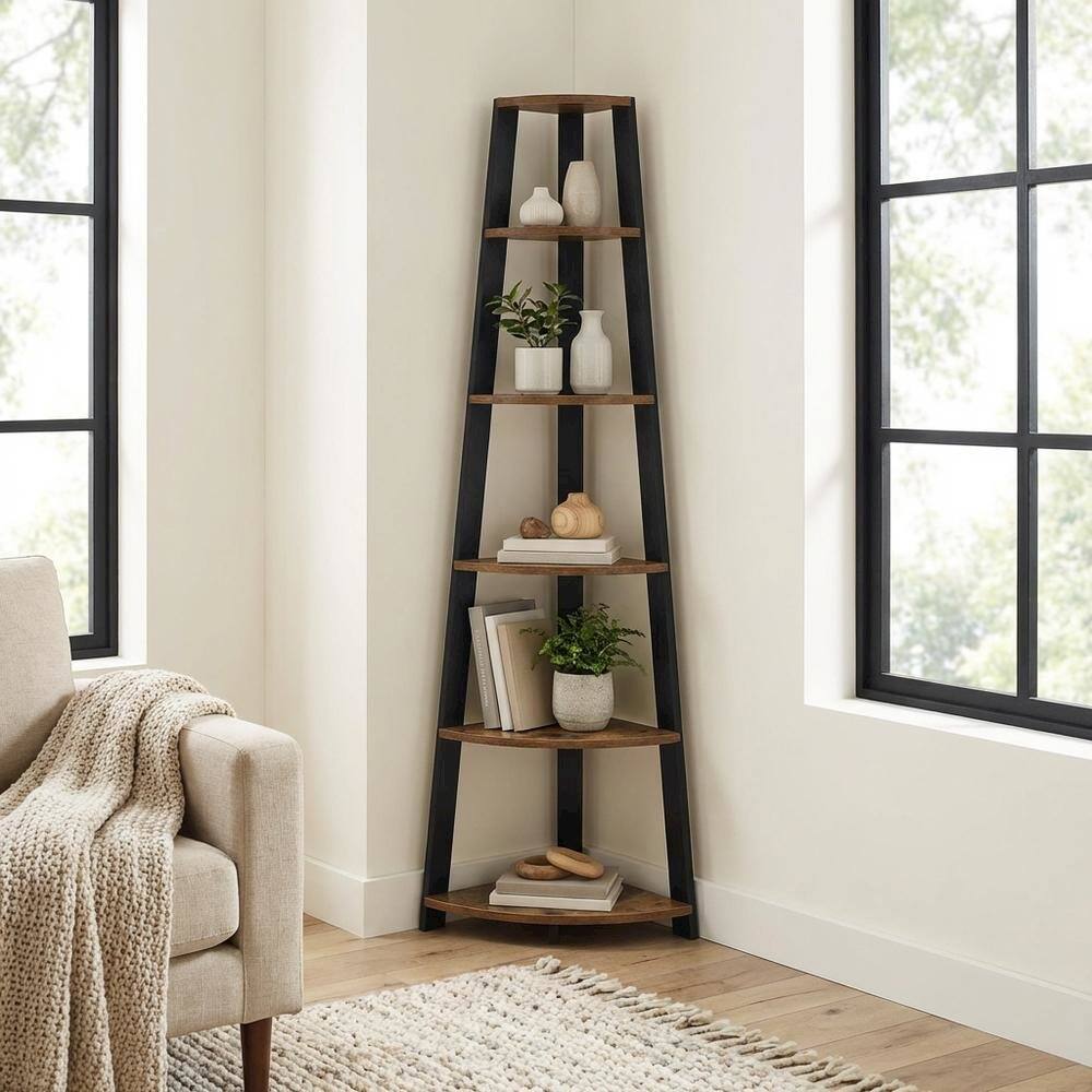 Alt View 2. FurniFact - Contemporary Barnwood - Black 5-Tier Corner Bookshelf with Particle Board Design - Barnwood.