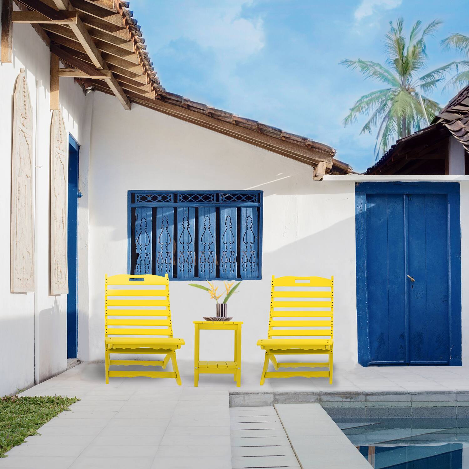 Alt View 1. FODINGHILL - Folding Xavier Wave Chairs Set of 2, Portable HDPE Adirondack Chairs, All-Weather Outdoor Chairs - Yellow.