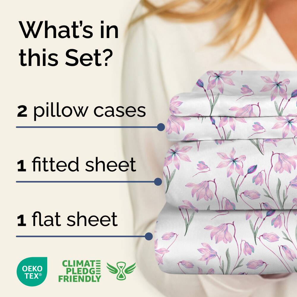 What's in this Set?

2 pillow cases

1 fitted sheet

1 flat sheet

CLIMATE PLEDGE FRIENDLY

OEKO TEX