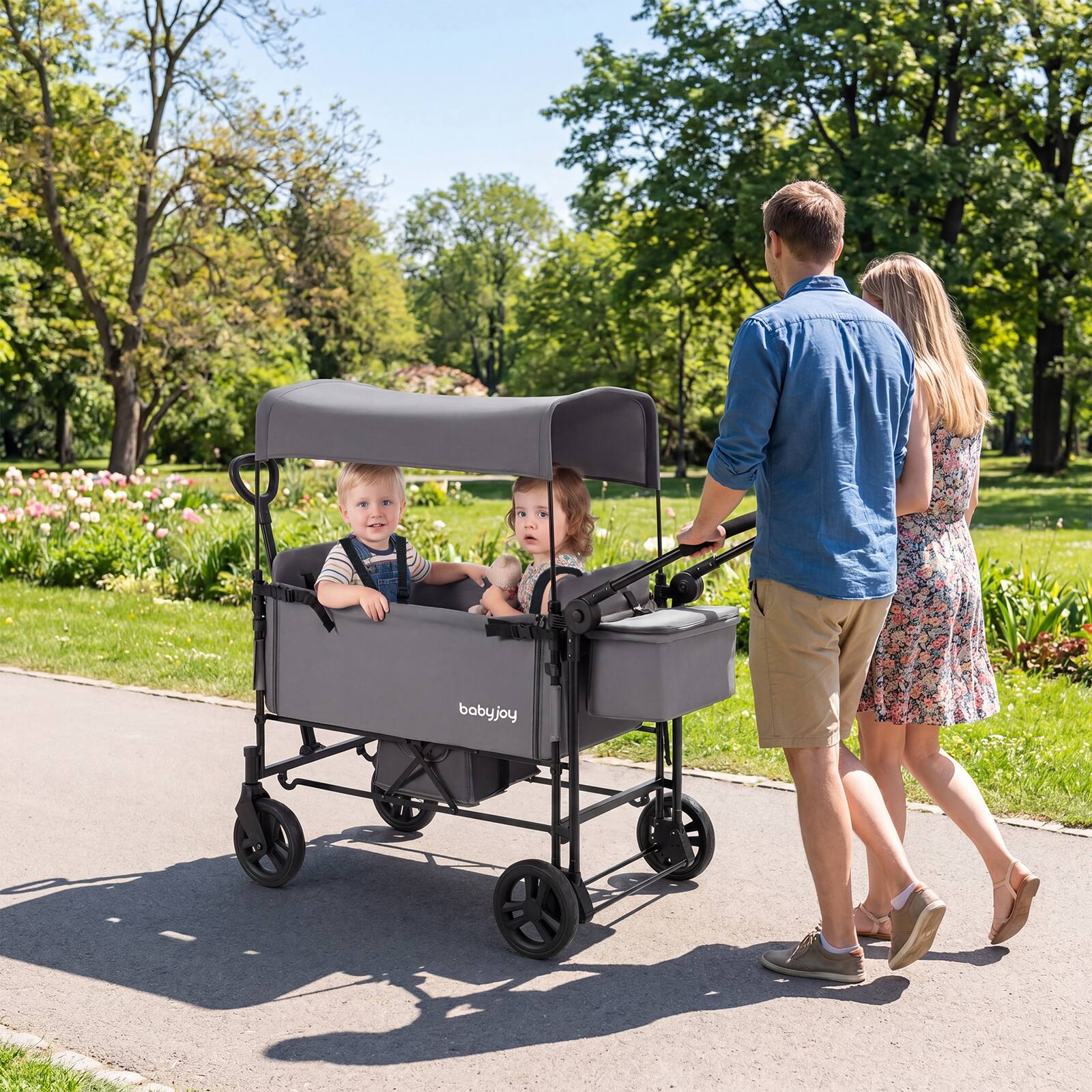 Alt View 1. Costway - Costway Foldable Wagon Stroller ,Baby Stroller with Removable Canopy,Adjustable Handle Gray - Gray.