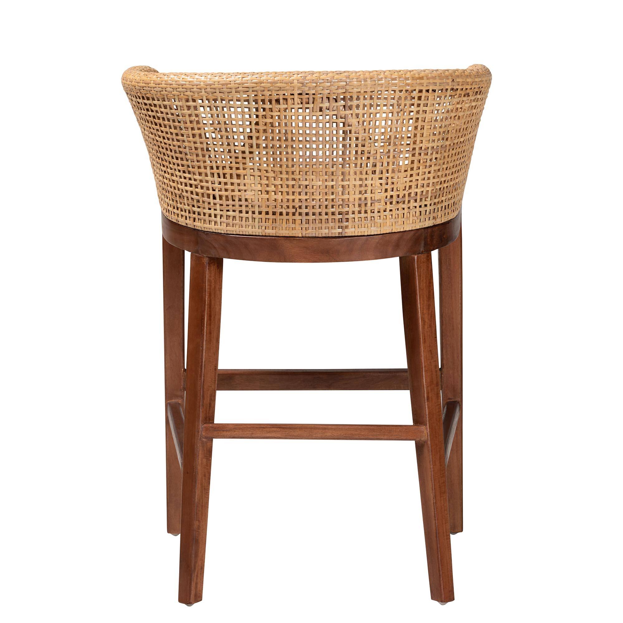 Back. bali & pari - Papua Modern Bohemian Natural Rattan and Walnut Acacia Wood Counter Stool - Natural Brown/Walnut Brown.