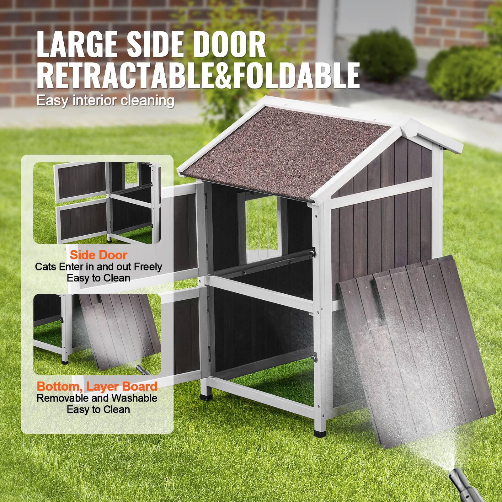 LARGE SIDE DOOR RETRACTABLE & FOLDABLE

- Easy interior cleaning
- Side Door: Cats enter in and out freely
- Easy to clean
- Bottom, Layer Board: Removable and washable
- Easy to clean