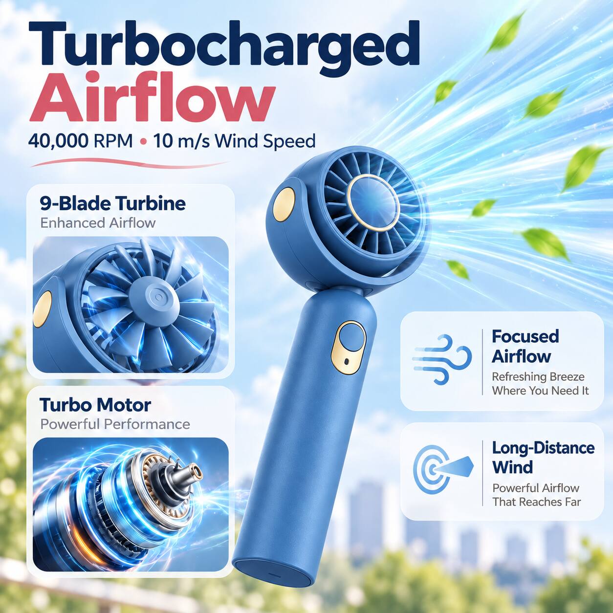 Turbocharged Airflow  
40,000 RPM • 10 m/s Wind Speed  

9-Blade Turbine  
Enhanced Airflow  

Turbo Motor  
Powerful Performance  

Focused Airflow  
Refreshing Breeze Where You Need It  

Long-Distance Wind  
Powerful Airflow That Reaches Far