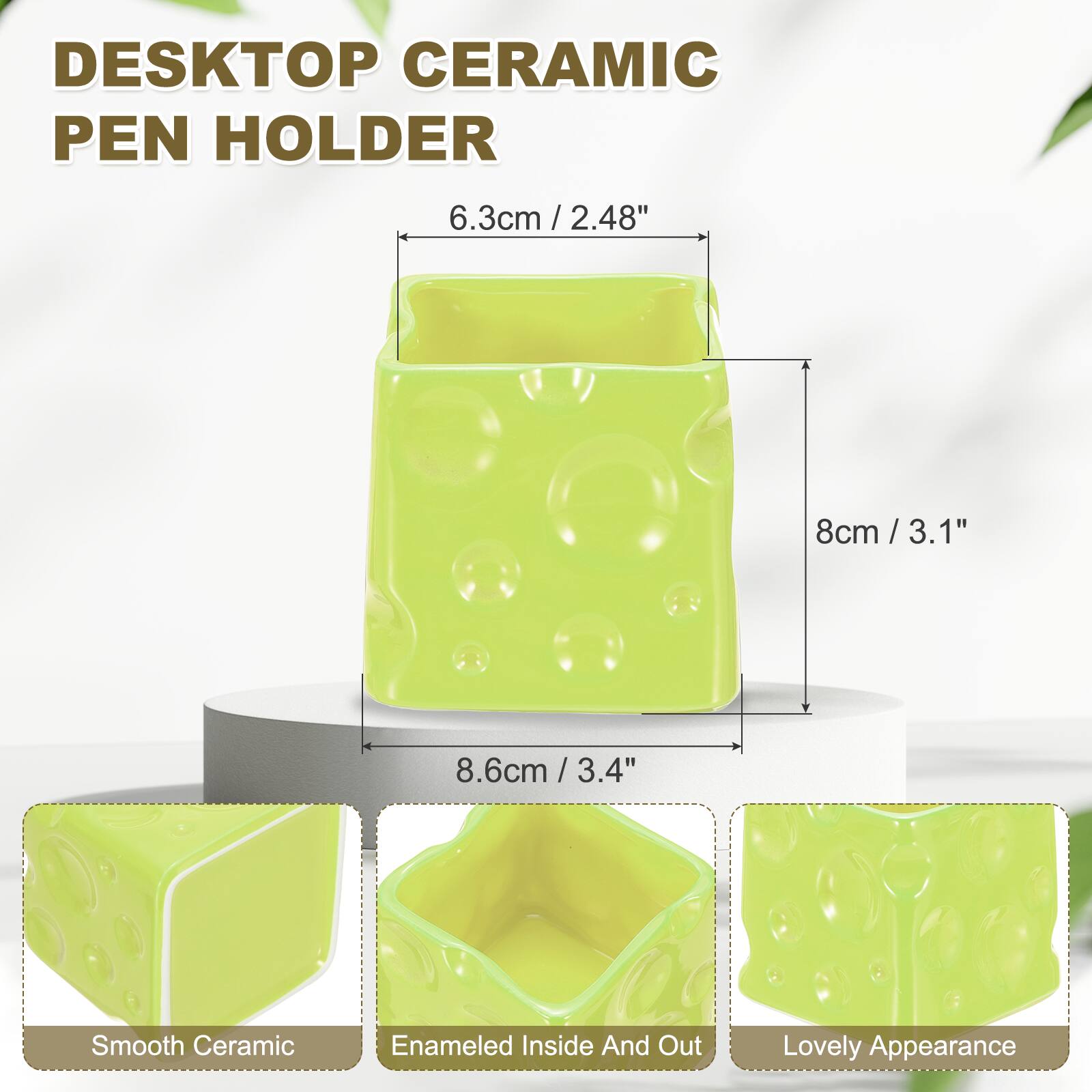 DESKTOP CERAMIC PEN HOLDER

6.3cm / 2.48"  
8cm / 3.1"  
8.6cm / 3.4"  

Smooth Ceramic  
Enamelled Inside And Out  
Lovely Appearance