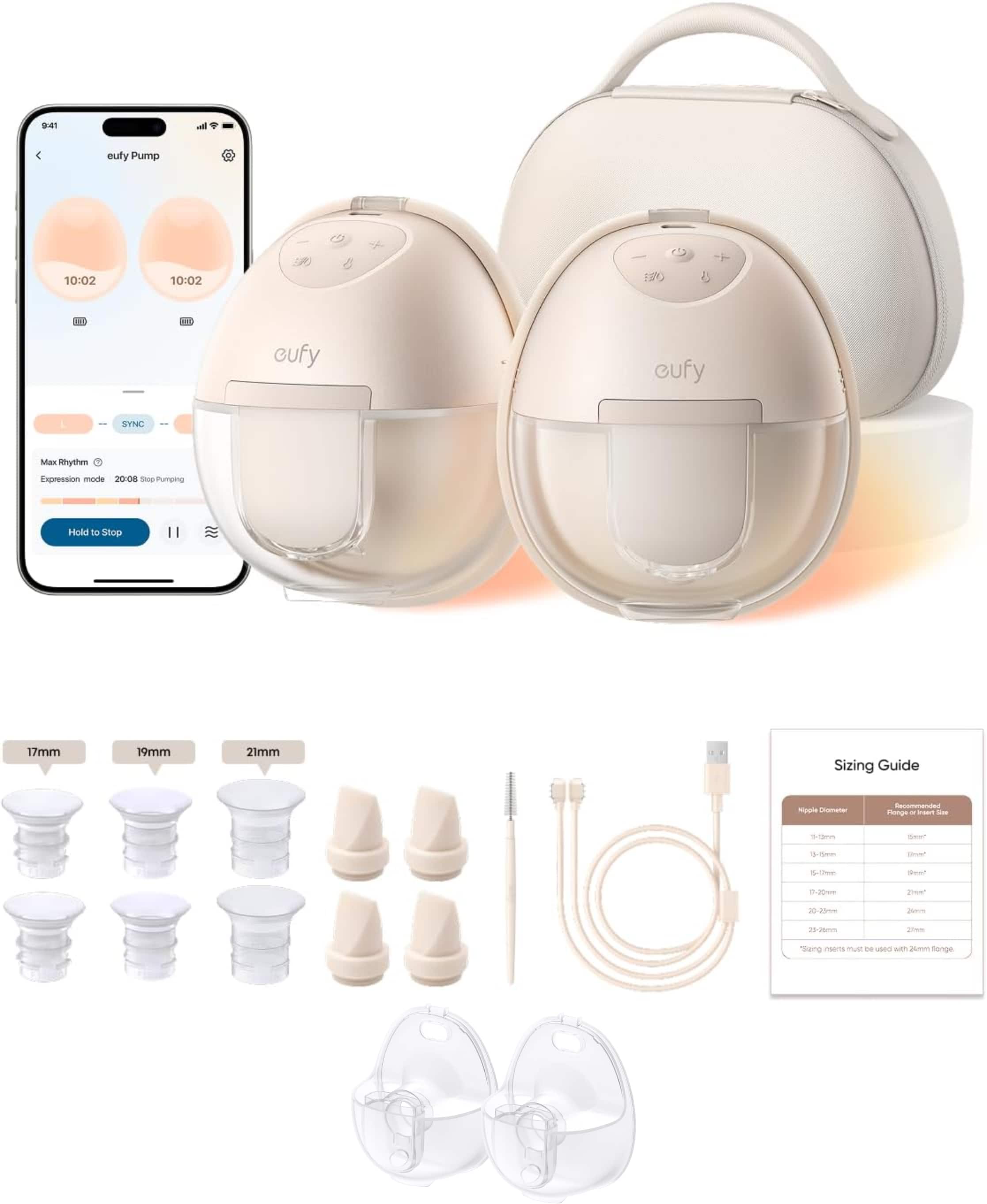 eufy - Heated Wearable Breast Pump S1 Pro & Milk Container (2-Pack), Hands-Free Breast Pump Hospital-Grade Suction, in-Bra Use - Brown